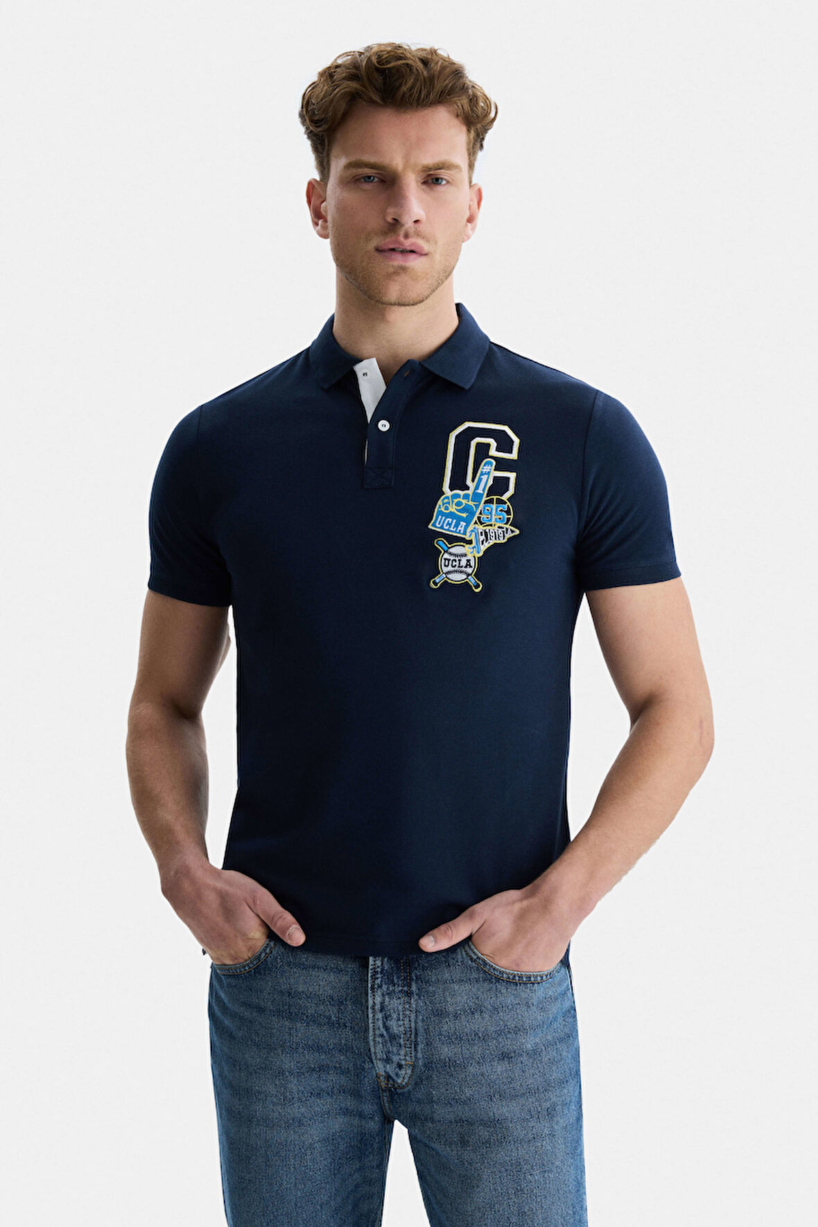 FRANKE Lacivert Polo Yaka Nakışlı Erkek Tshirt