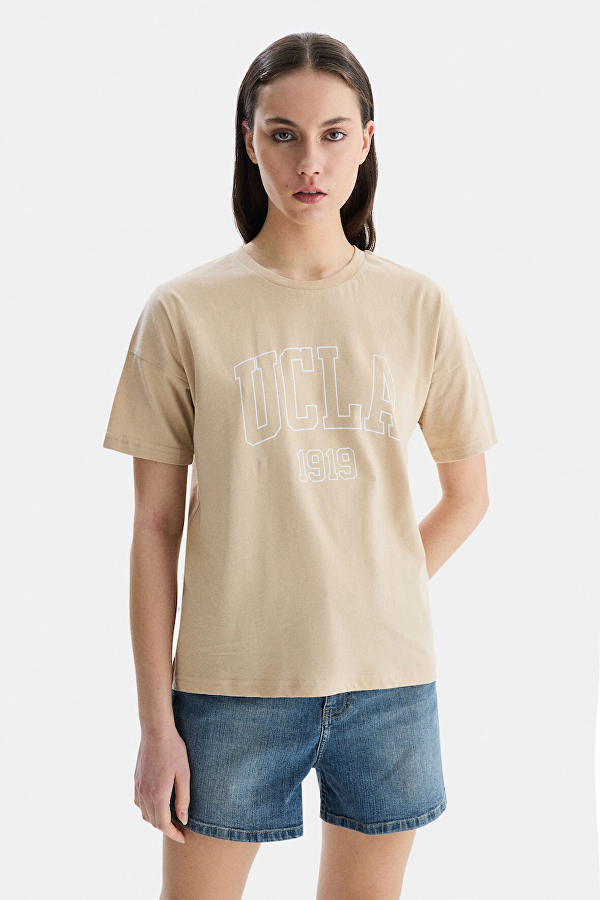 SANCHEZ Kahve Bisiklet Yaka Baskılı Standard Fit Kadın Tshirt
