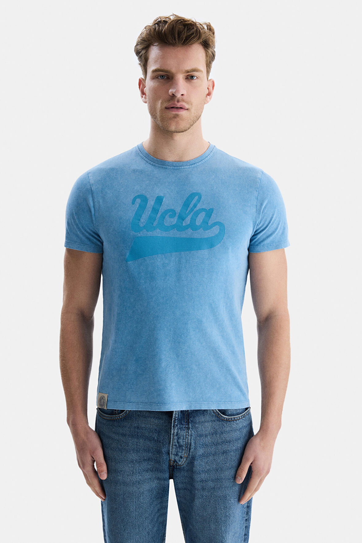 MARGAN Mavi Bisiklet Yaka Baskılı Erkek Tshirt