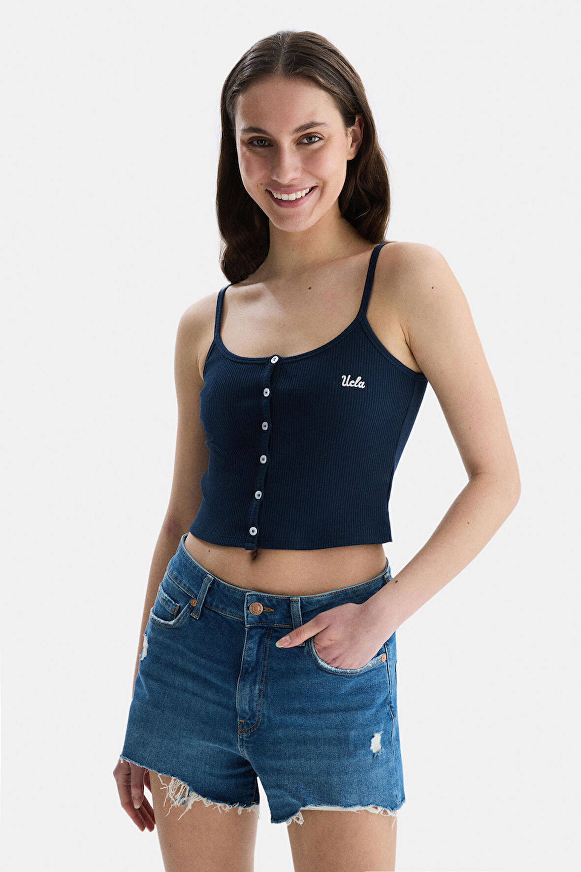 RHODES Lacivert Askılı Nakışlı Kadın Crop