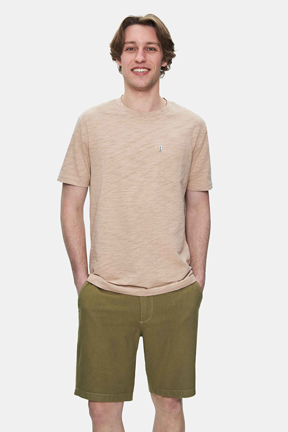 CALEB Açık Kahve Bisiklet Yaka Cepli Standard Fit Erkek Tshirt