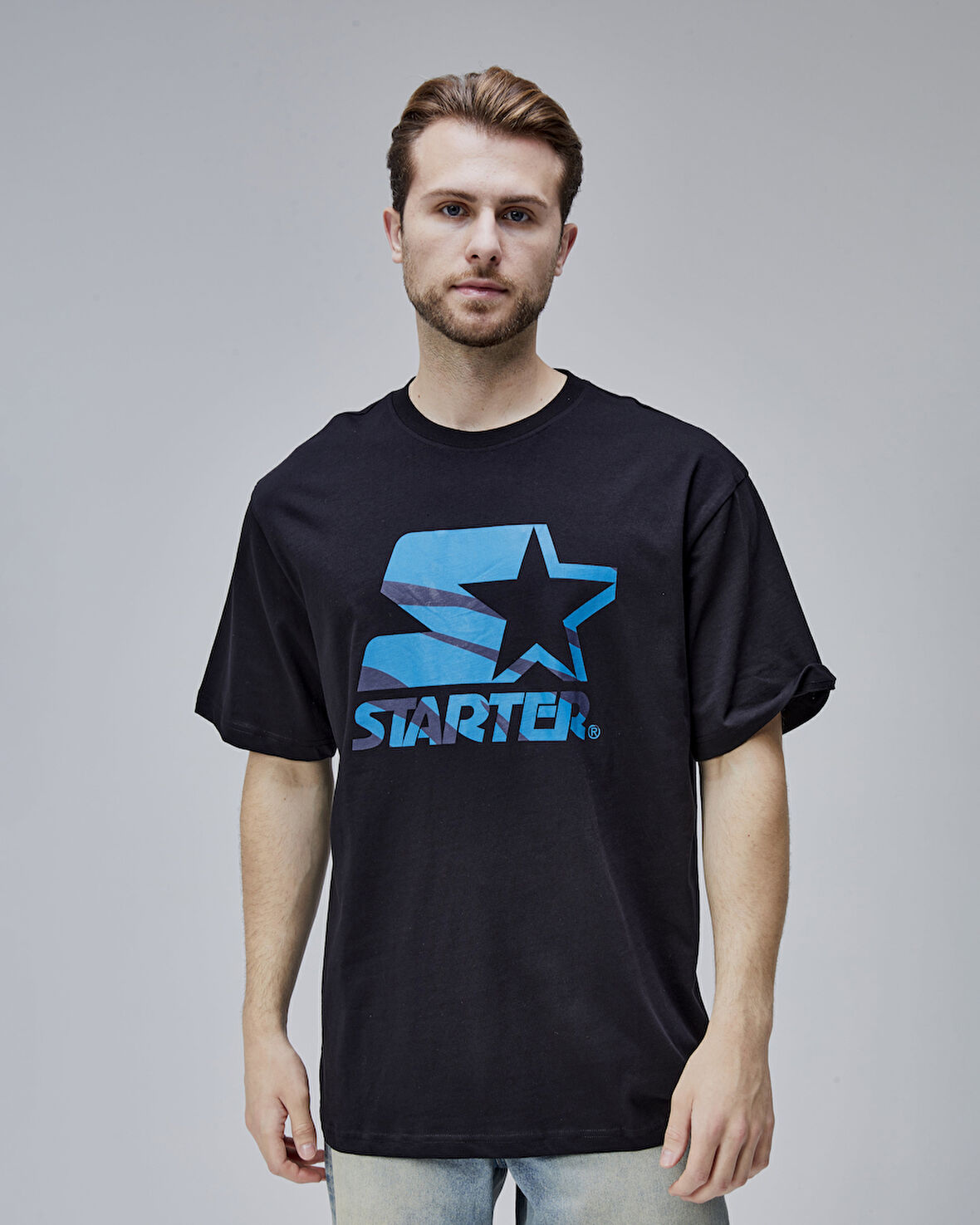 BURNLEY Siyah Bisiklet Yaka Baskılı Oversize Erkek Tshirt