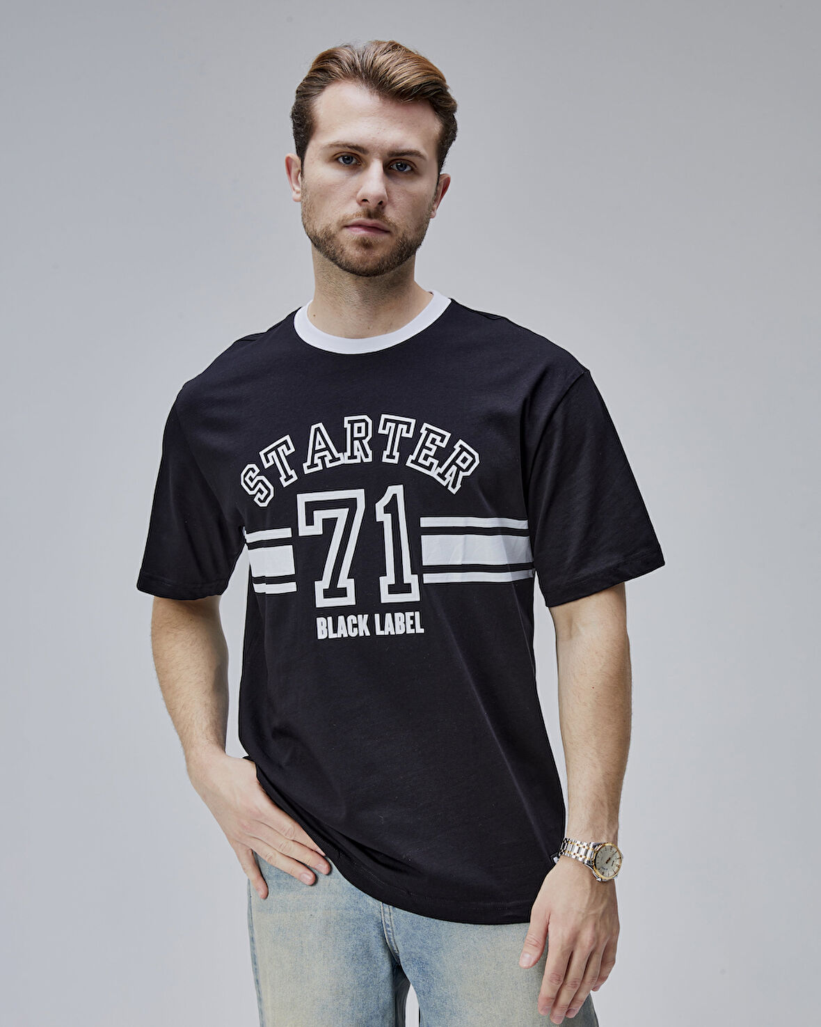 CAMDEN Siyah Bisiklet Yaka Baskılı Oversize  Erkek Tshirt