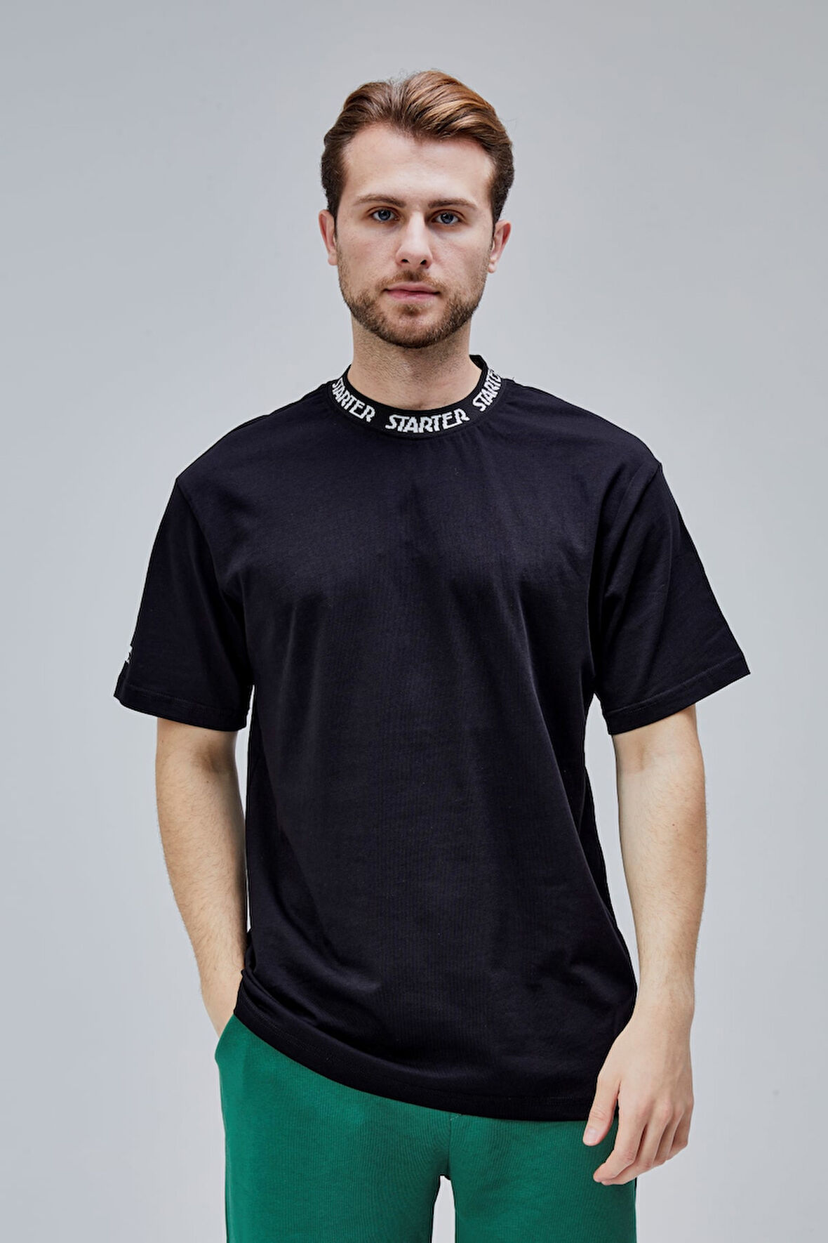 SANDERS Siyah Bisiklet Yaka Boynu Lastikli Oversize Erkek Tshirt
