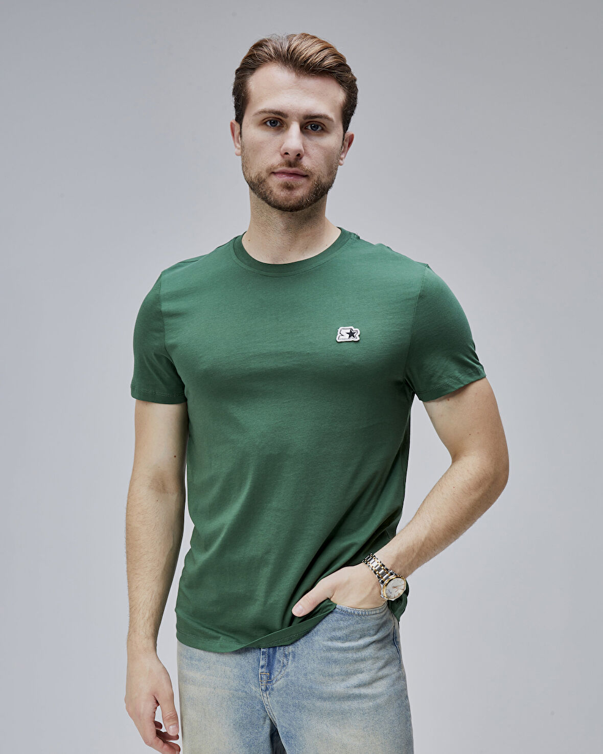 WARREN Yeşil Bisiklet Yaka Patchli Standard Fit Erkek Tshirt
