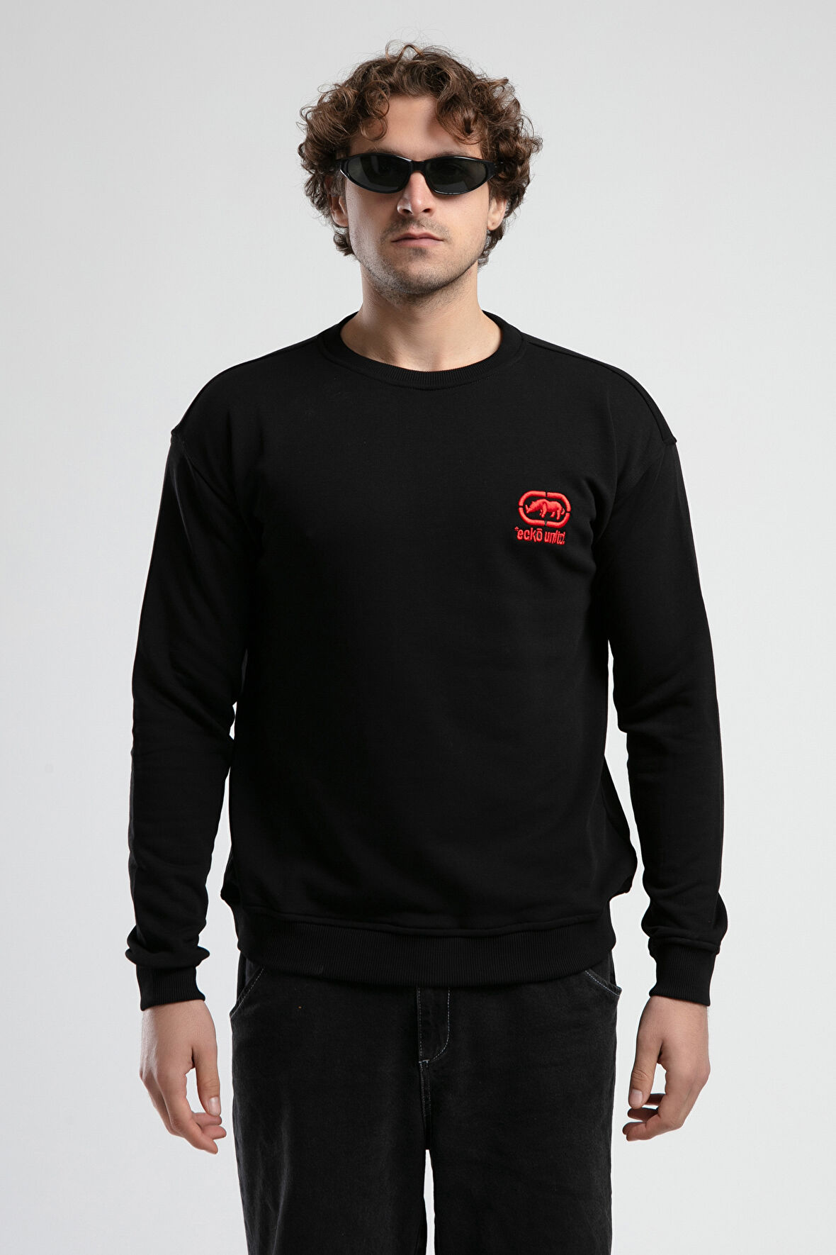 EASTSIDE Siyah Bisiklet Yaka Nakışlı Loose Fit Erkek Sweatshirt