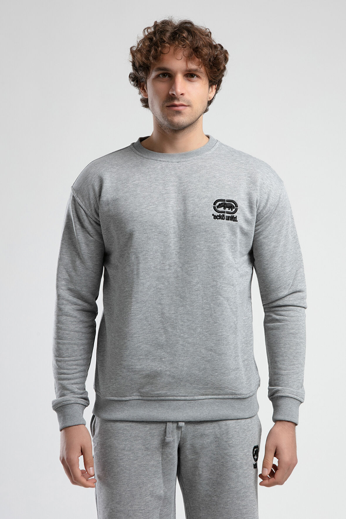 EASTSIDE Gri Bisiklet Yaka Nakışlı Loose Fit Erkek Sweatshirt
