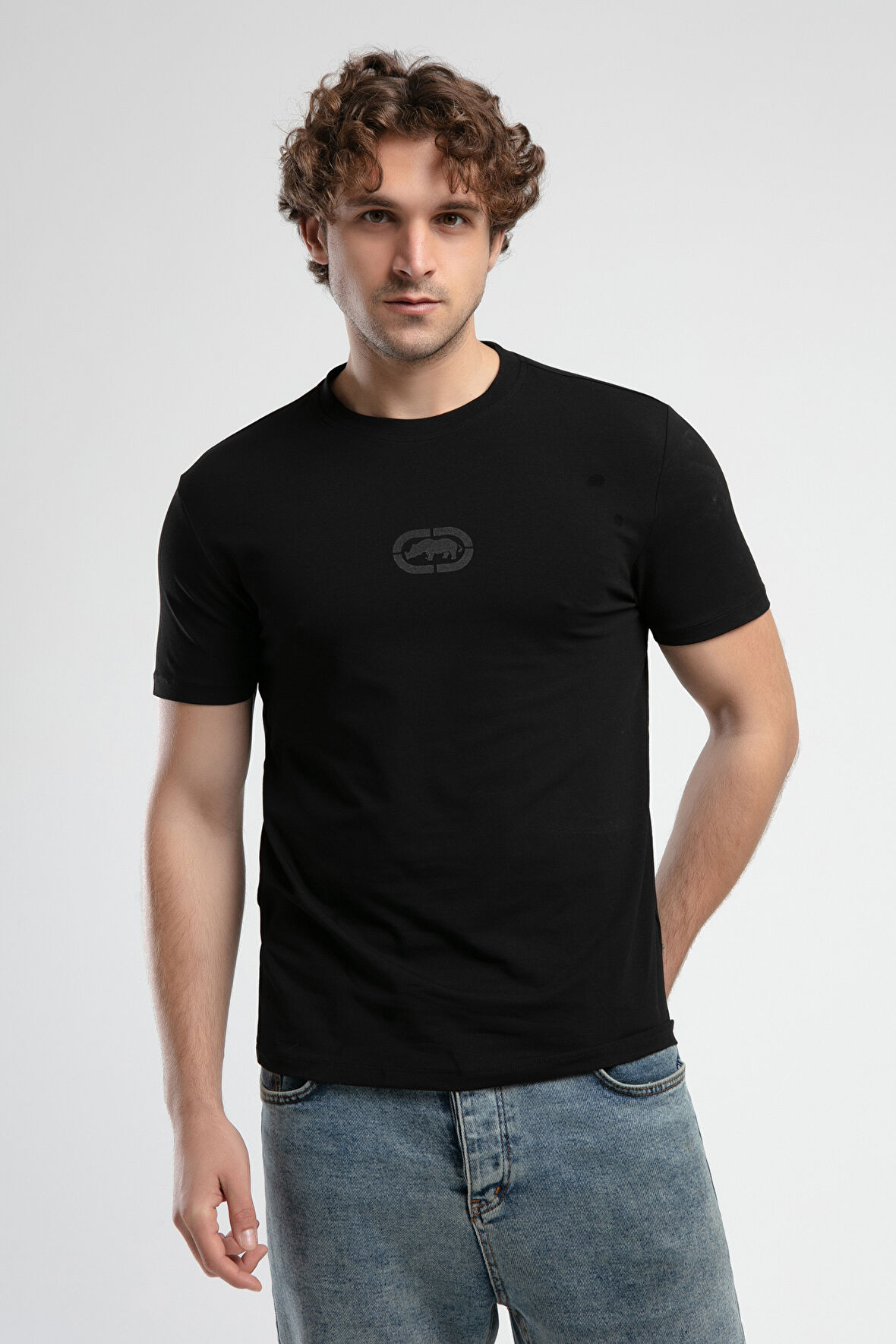 JOHNSON Siyah Bisiklet Yaka Baskılı Standard Fit Erkek Tshirt