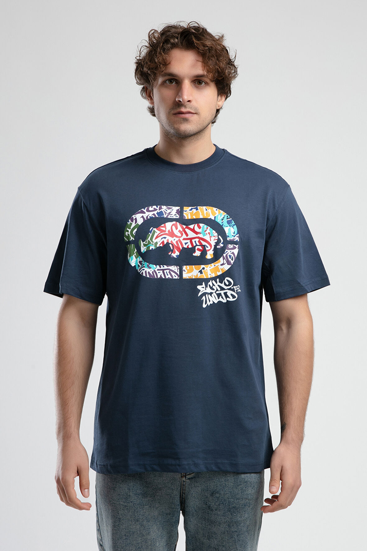 KINGSTON Lacivert Bisiklet Yaka Baskılı Oversize Erkek Tshirt