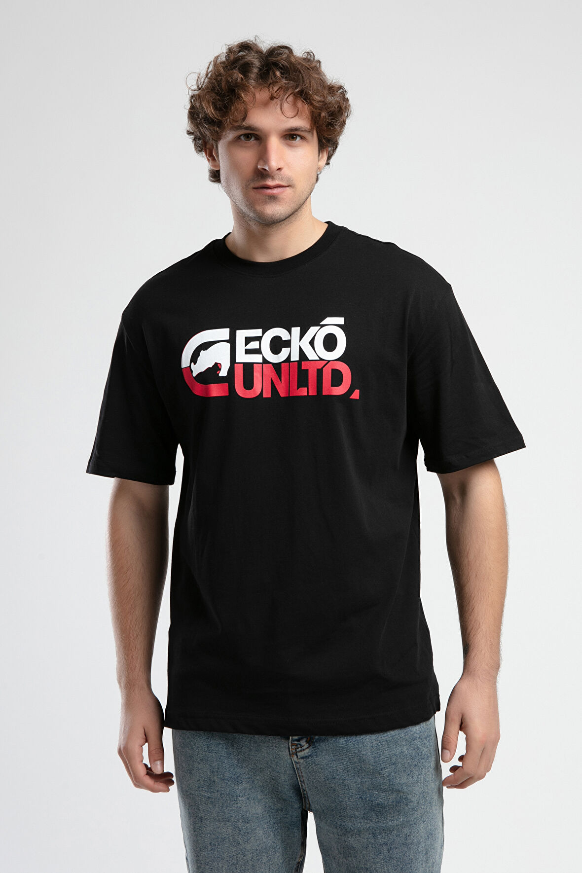MONSEY Siyah Bisiklet Yaka Baskılı Oversize Erkek Tshirt