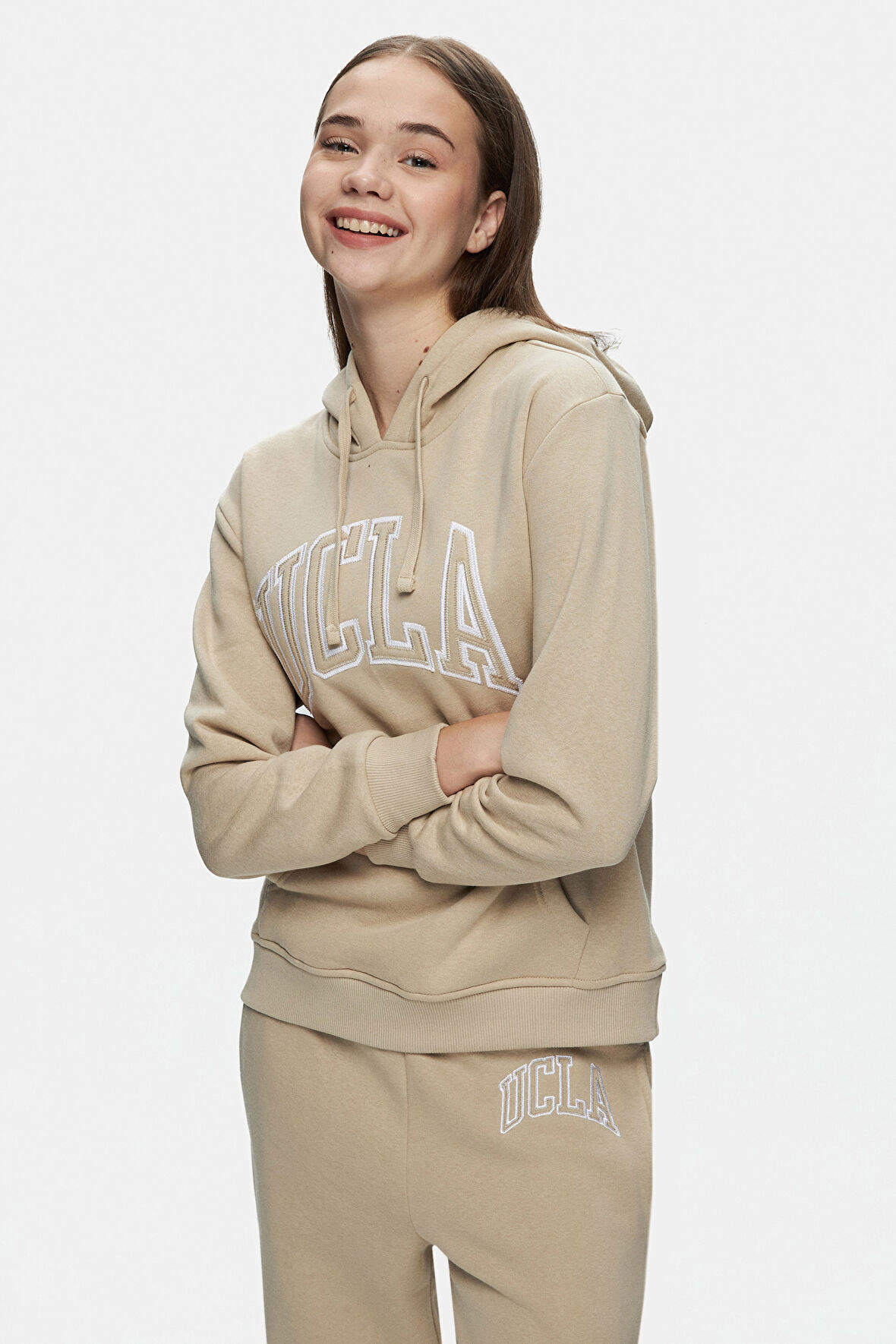 RILEY Koyu Bej Kapüşonlu Nakışlı Standard Fit Kadın Sweatshirt