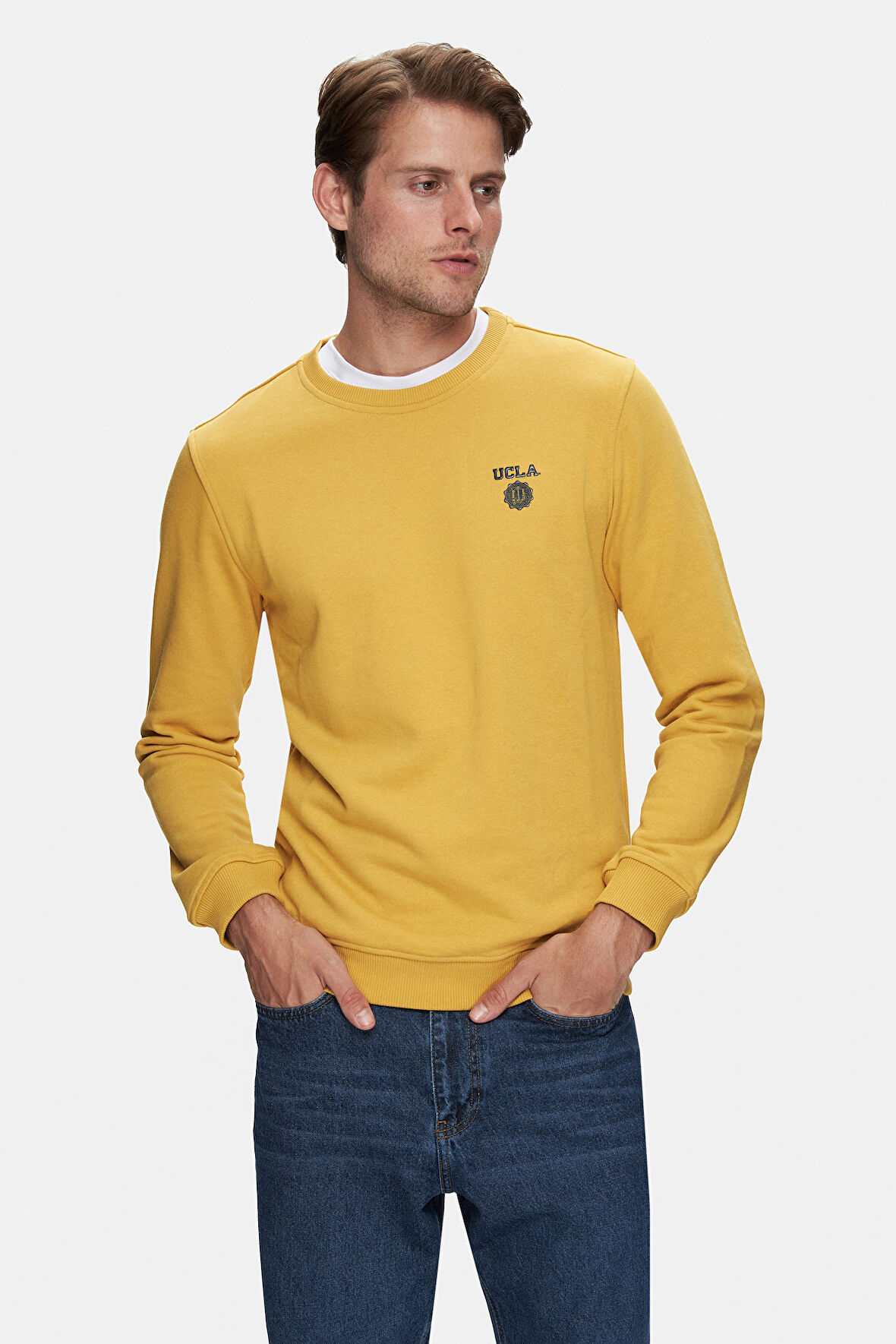 VALLEY Sarı Bisiklet Yaka Baskılı Standard Fit Erkek Sweatshirt