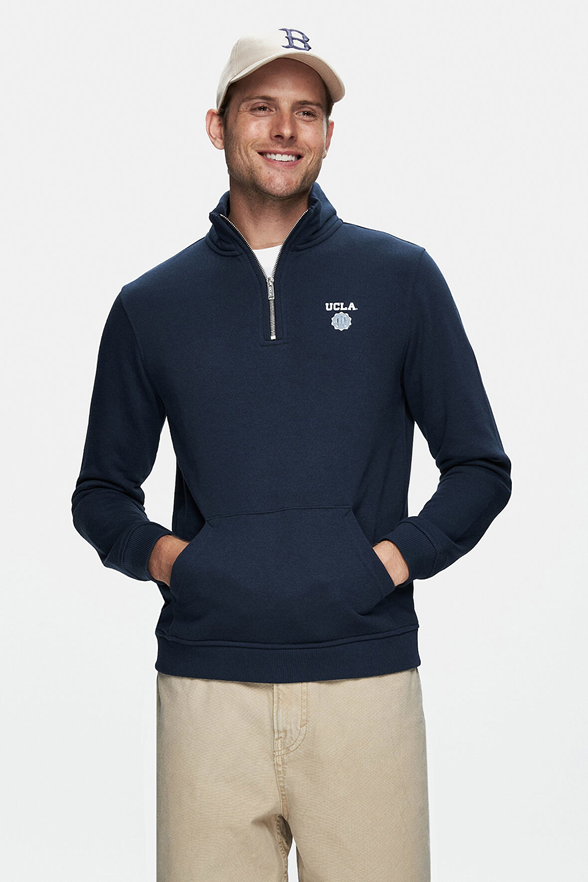 LEON Lacivert Yarım Fermuar Nakışlı Standard Fit Erkek Sweatshirt