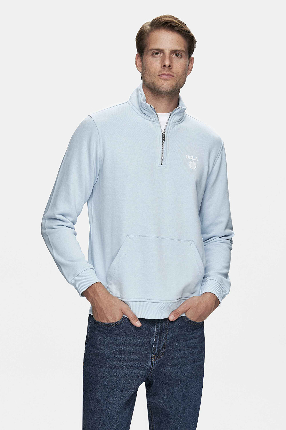 LEON Mavi Yarım Fermuar Nakışlı Standard Fit Erkek Sweatshirt