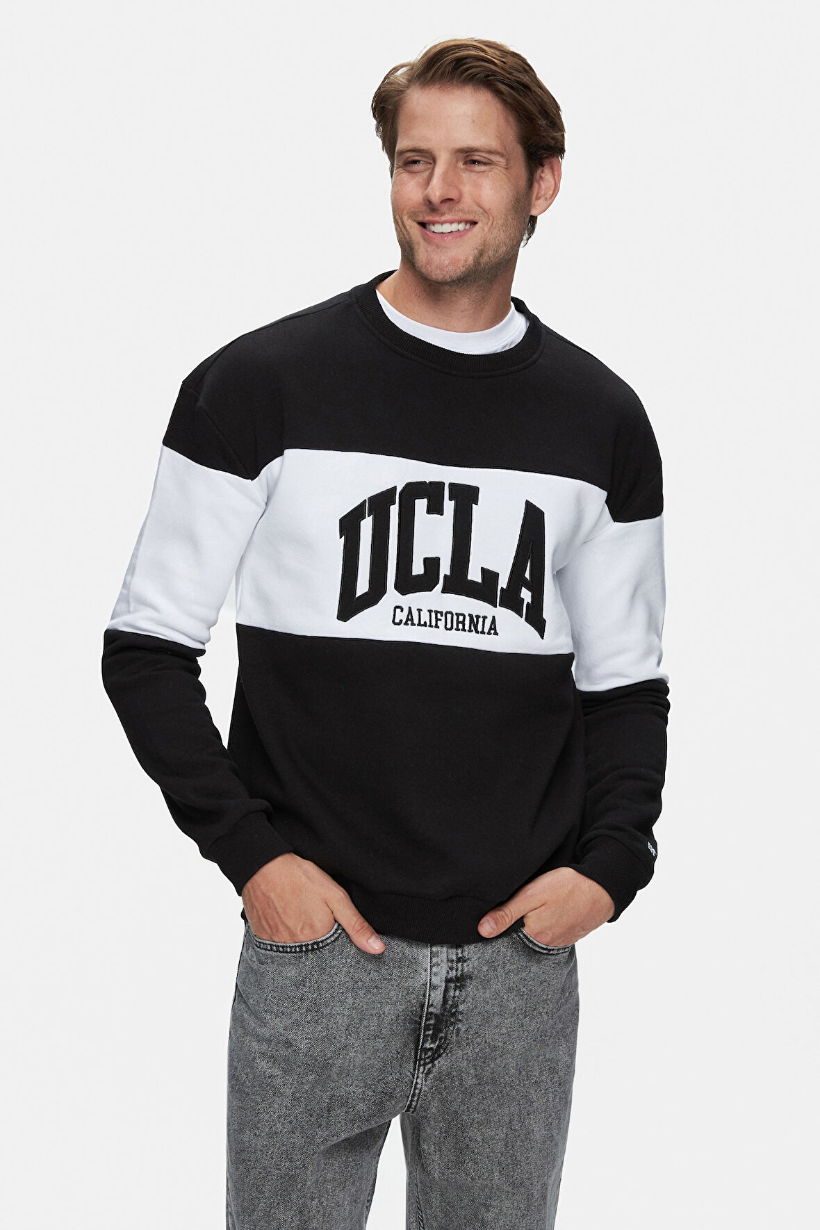 ARCHER Siyah Bisiklet Yaka Nakışlı Loose Fit Erkek Sweatshirt