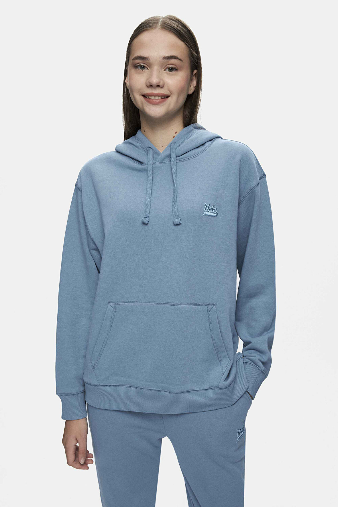 WEBER Mavi Bisiklet Yaka Nakışlı Oversize Kadın Sweatshirt