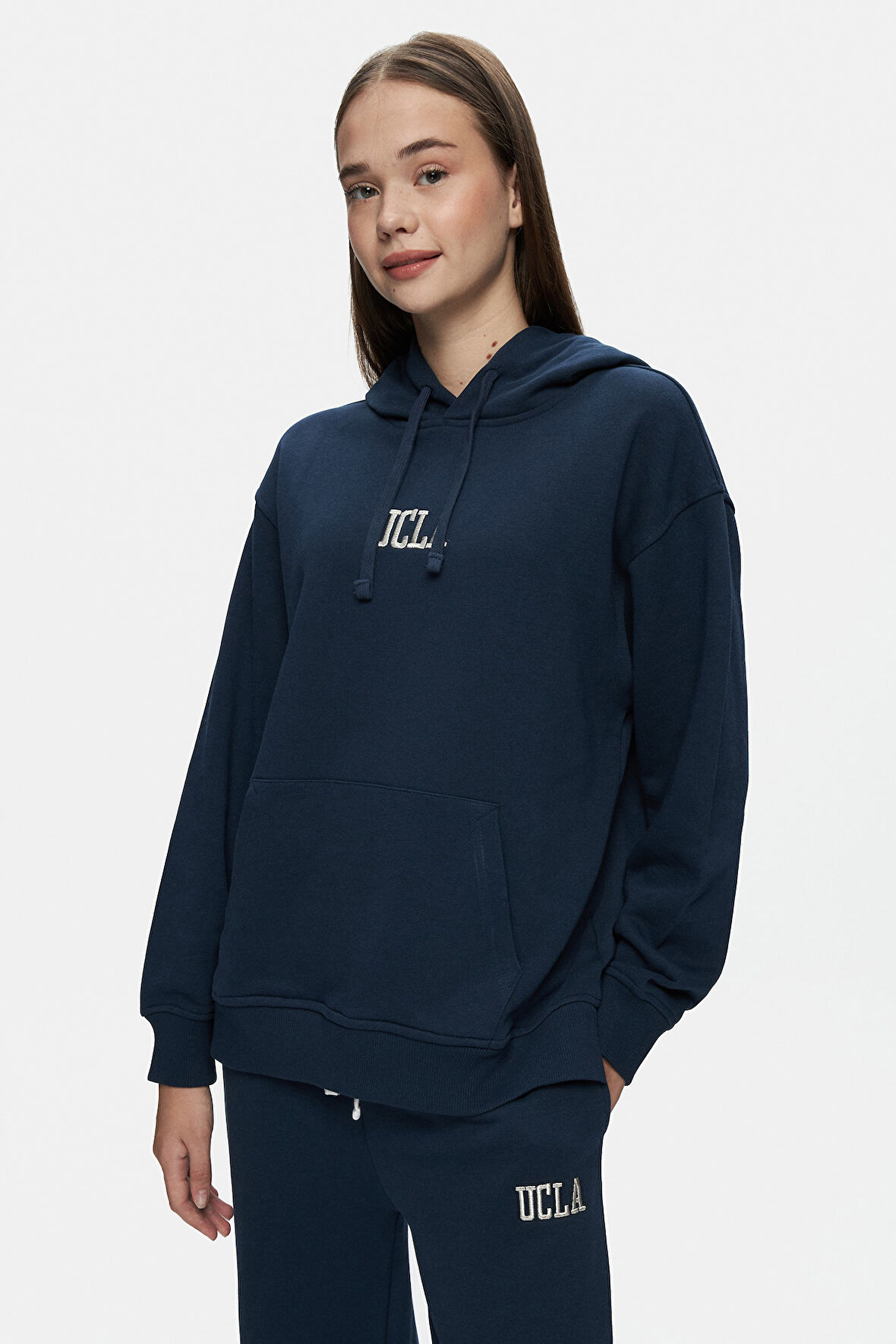 JESS Lacivert Kapüşonlu Nakışlı Oversize Kadın Sweatshirt