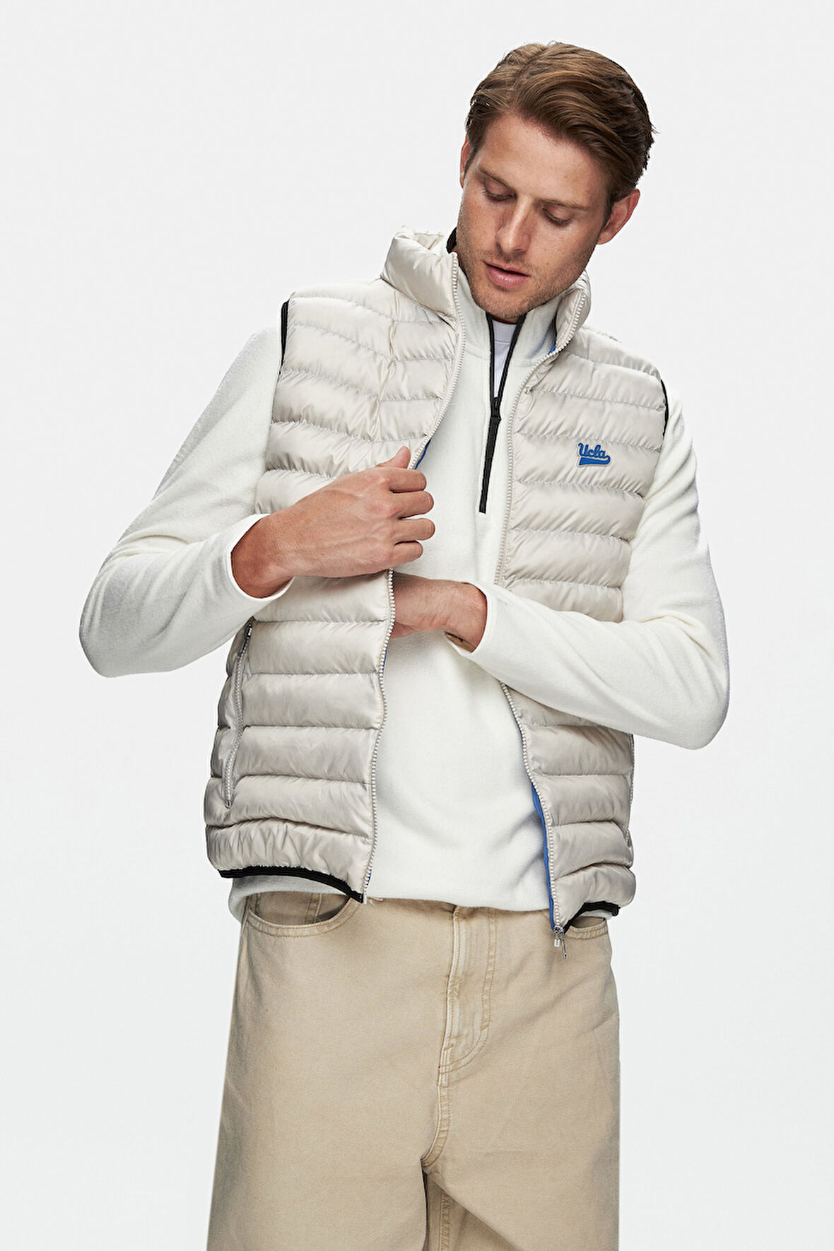 BLUME Bej Fermuarlı ve Cepli Polyester Standard Fit Erkek Yelek