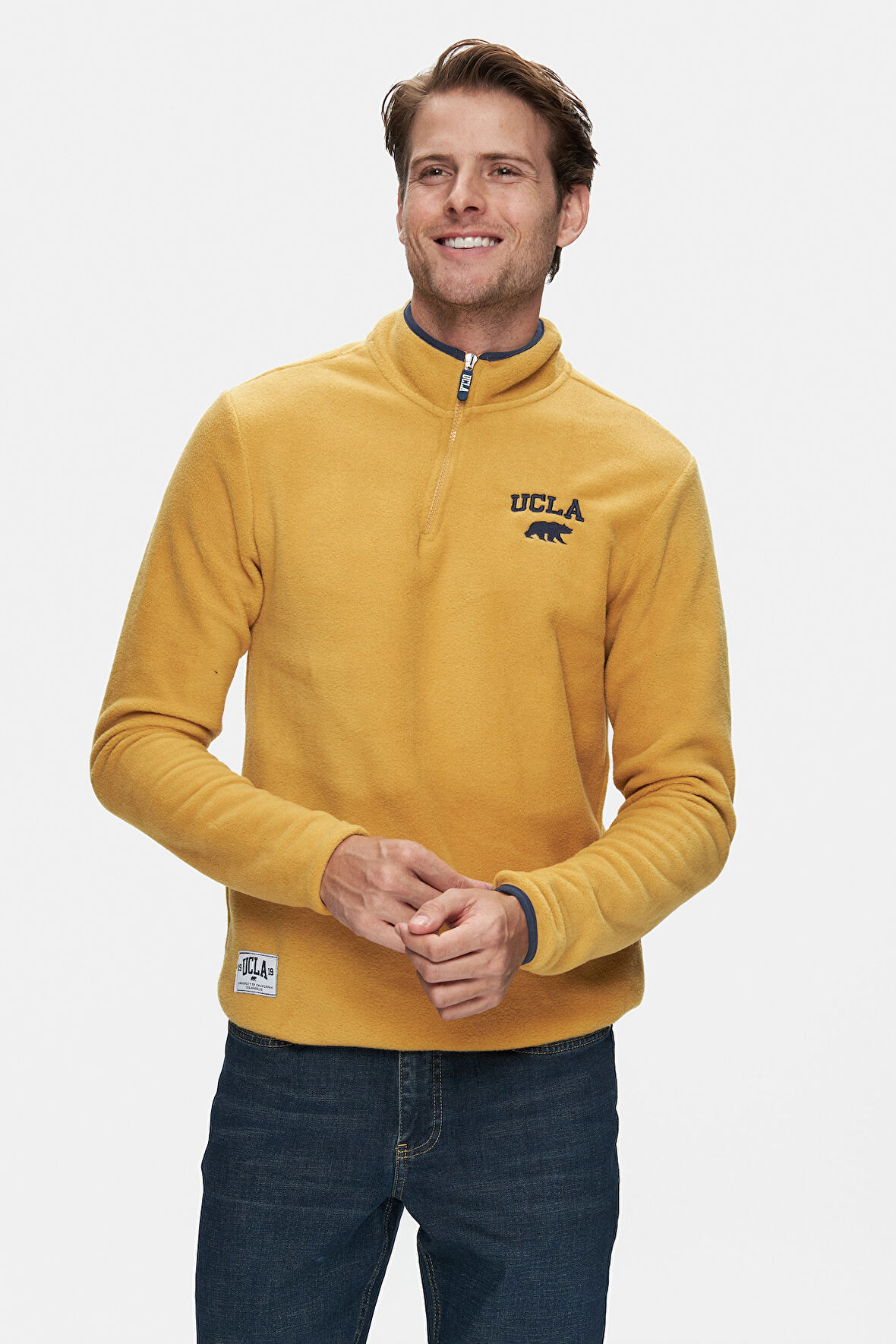 CORNING Sarı Yarım Fermuarlı Nakışlı Polar Standard Fit Erkek Sweatshirt