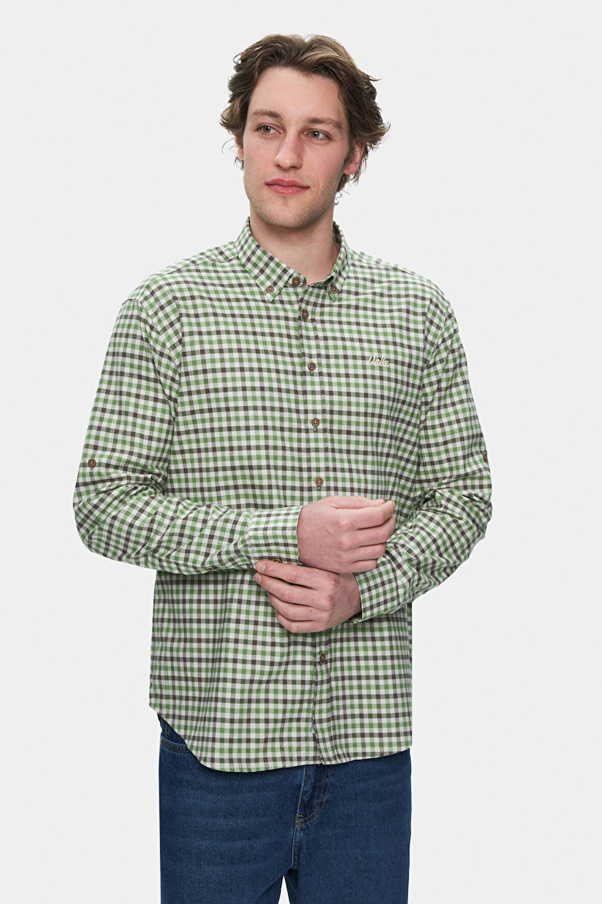 KENWARD Yeşil Nakışlı Ekoseli Oduncu Standard Fit Erkek Gömlek