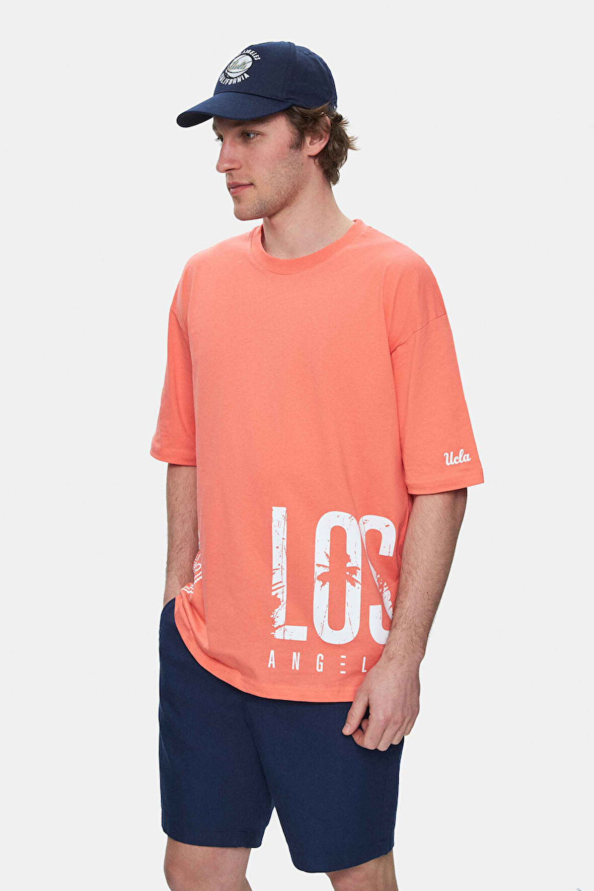 IGNISO Sıcak Pembe Bisiklet Yaka Baskılı Oversize  Erkek Tshirt