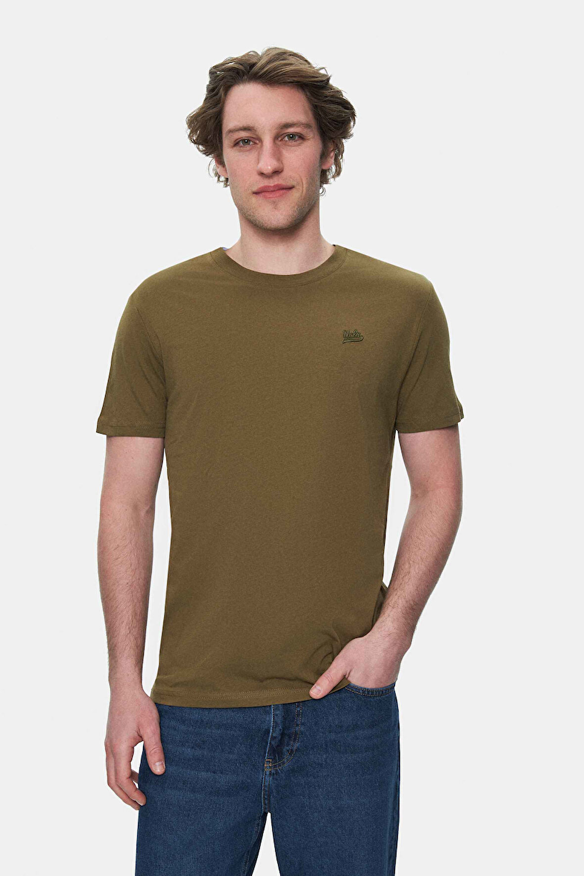 HARPER Koyu Haki Bisiklet Yaka Nakışlı Standard Fit Erkek Tshirt