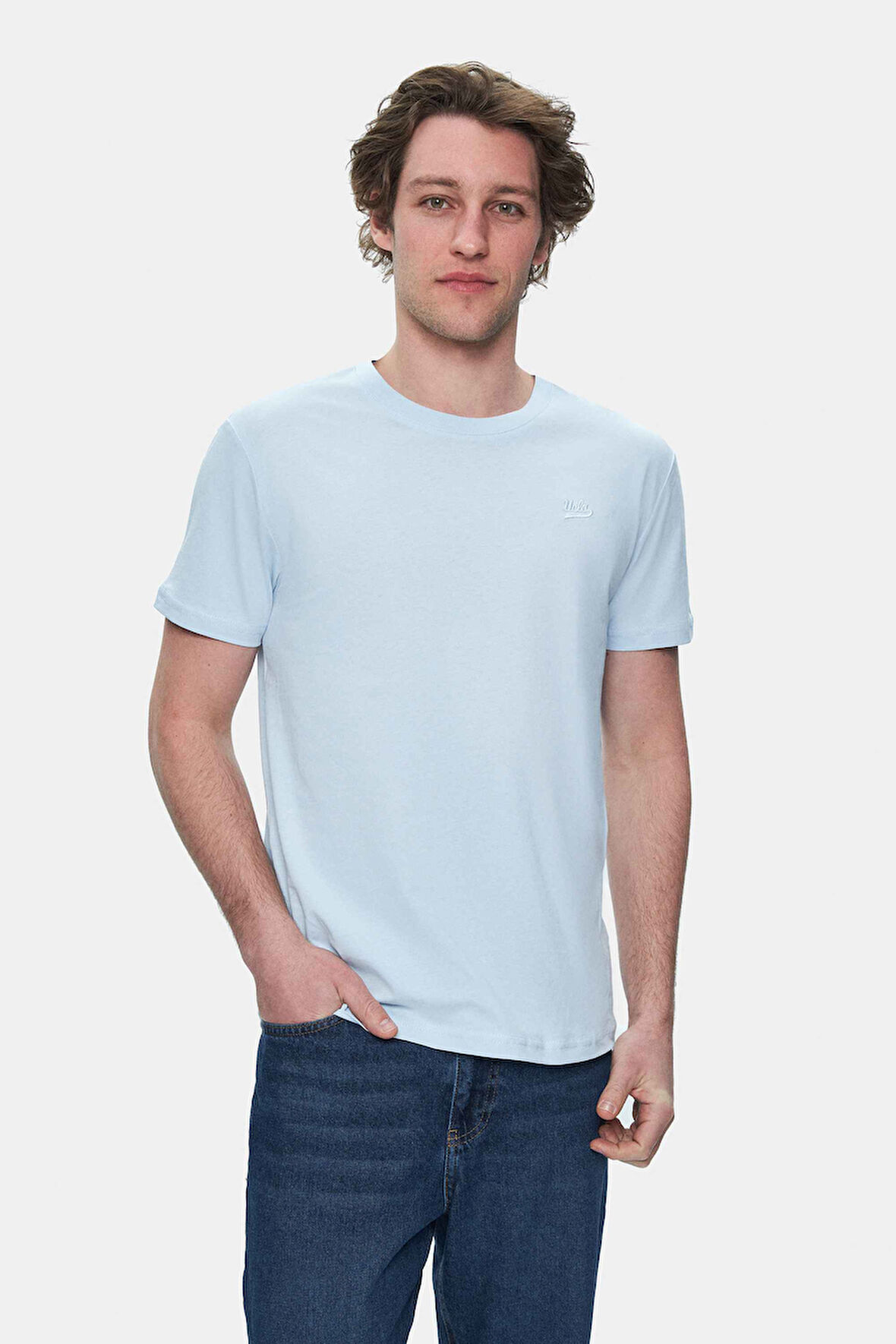 HARPER Gök Mavi Bisiklet Yaka Nakışlı Standard Fit Erkek Tshirt