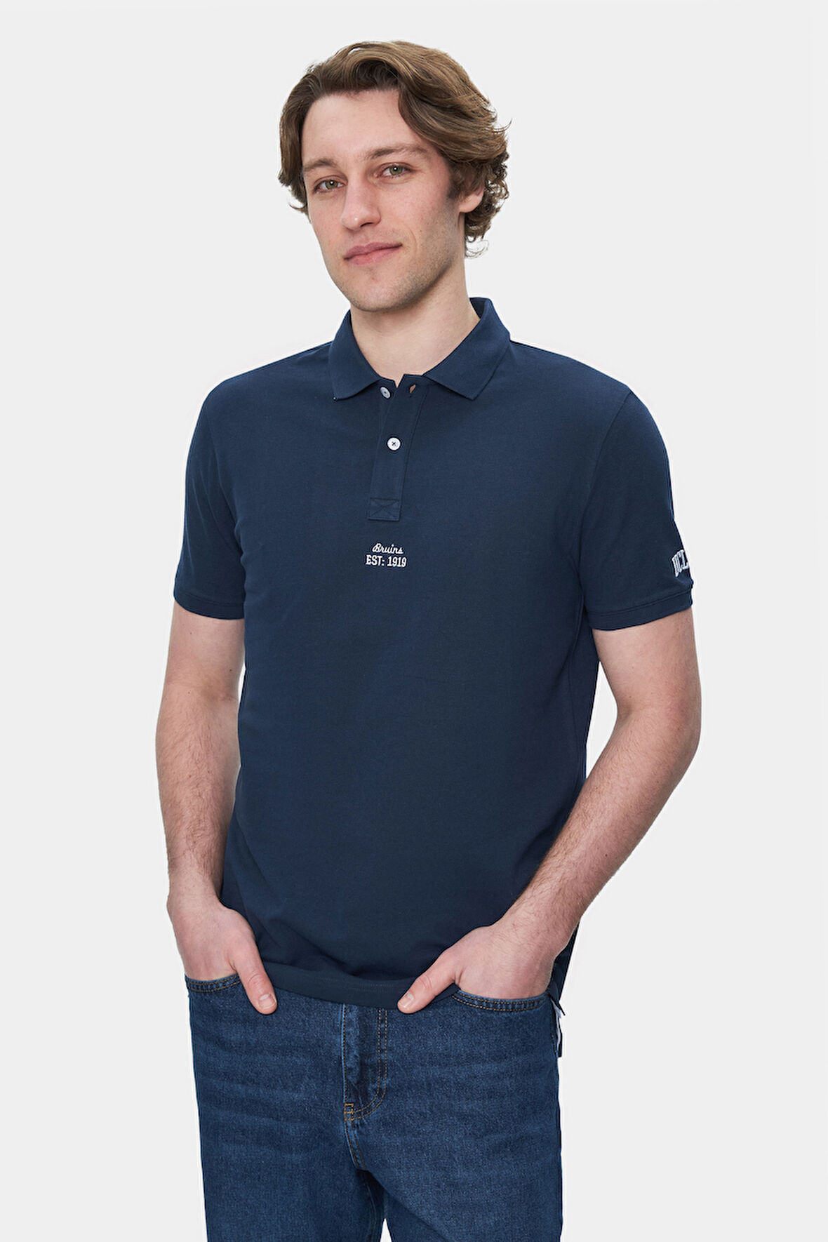 QUINTON Lacivert Polo Yaka Nakışlı Standard Fit Erkek Tshirt