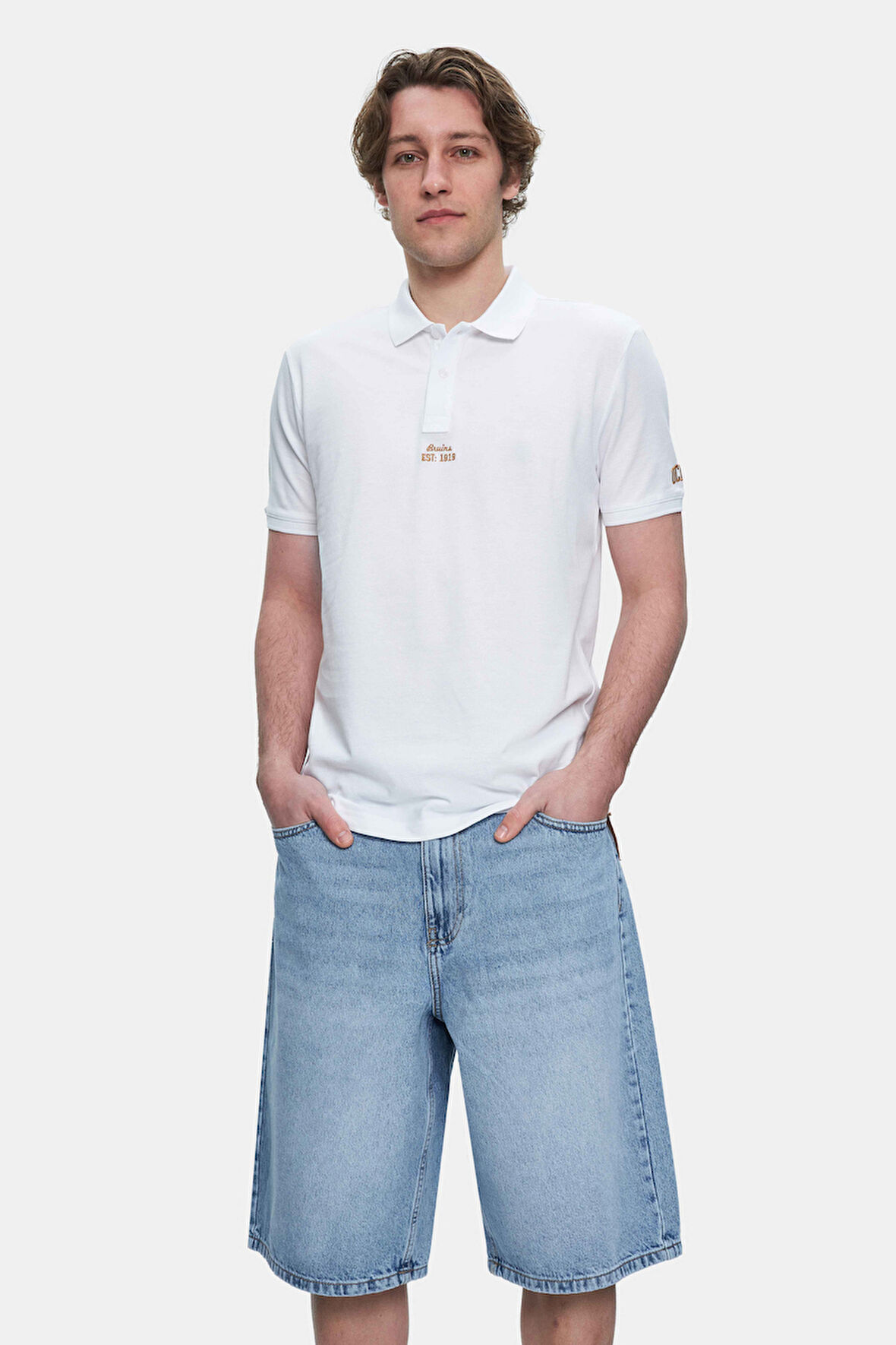 QUINTON Beyaz Polo Yaka Nakışlı Standard Fit Erkek Tshirt