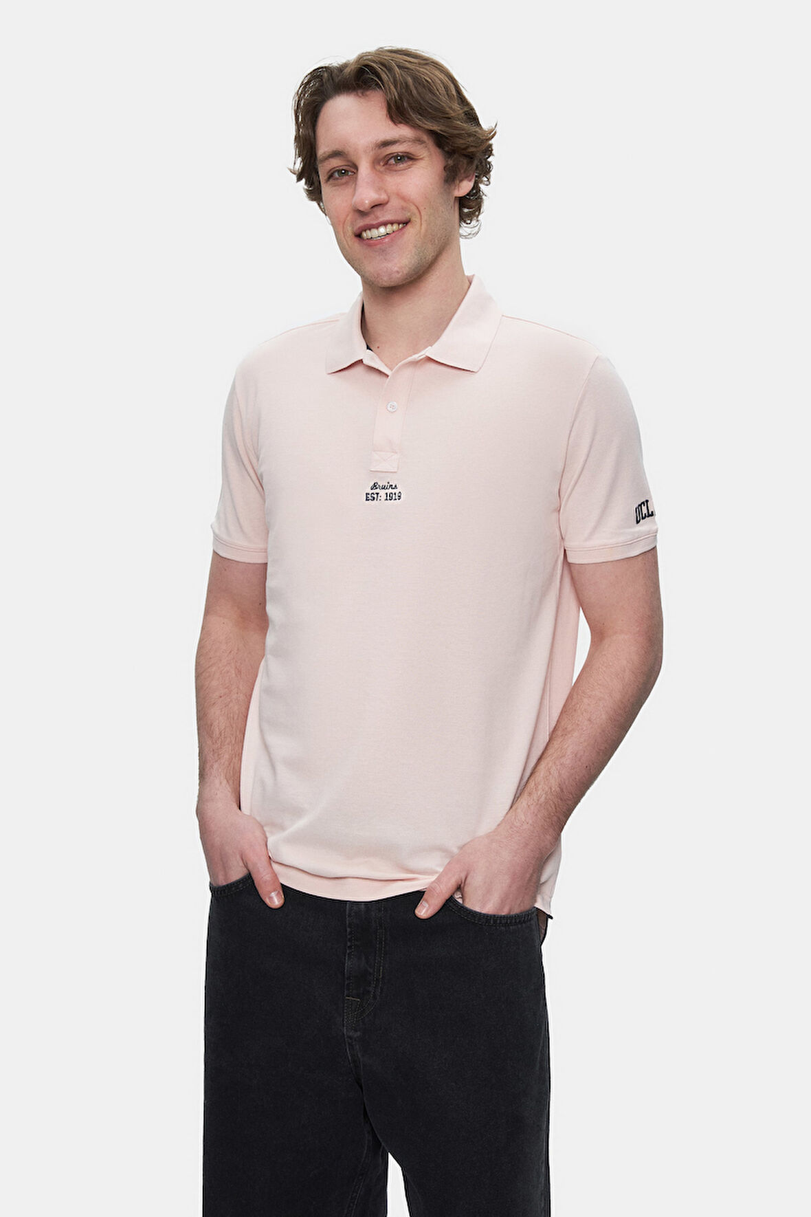 QUINTON Toz Pembe Polo Yaka Nakışlı Standard Fit Erkek Tshirt
