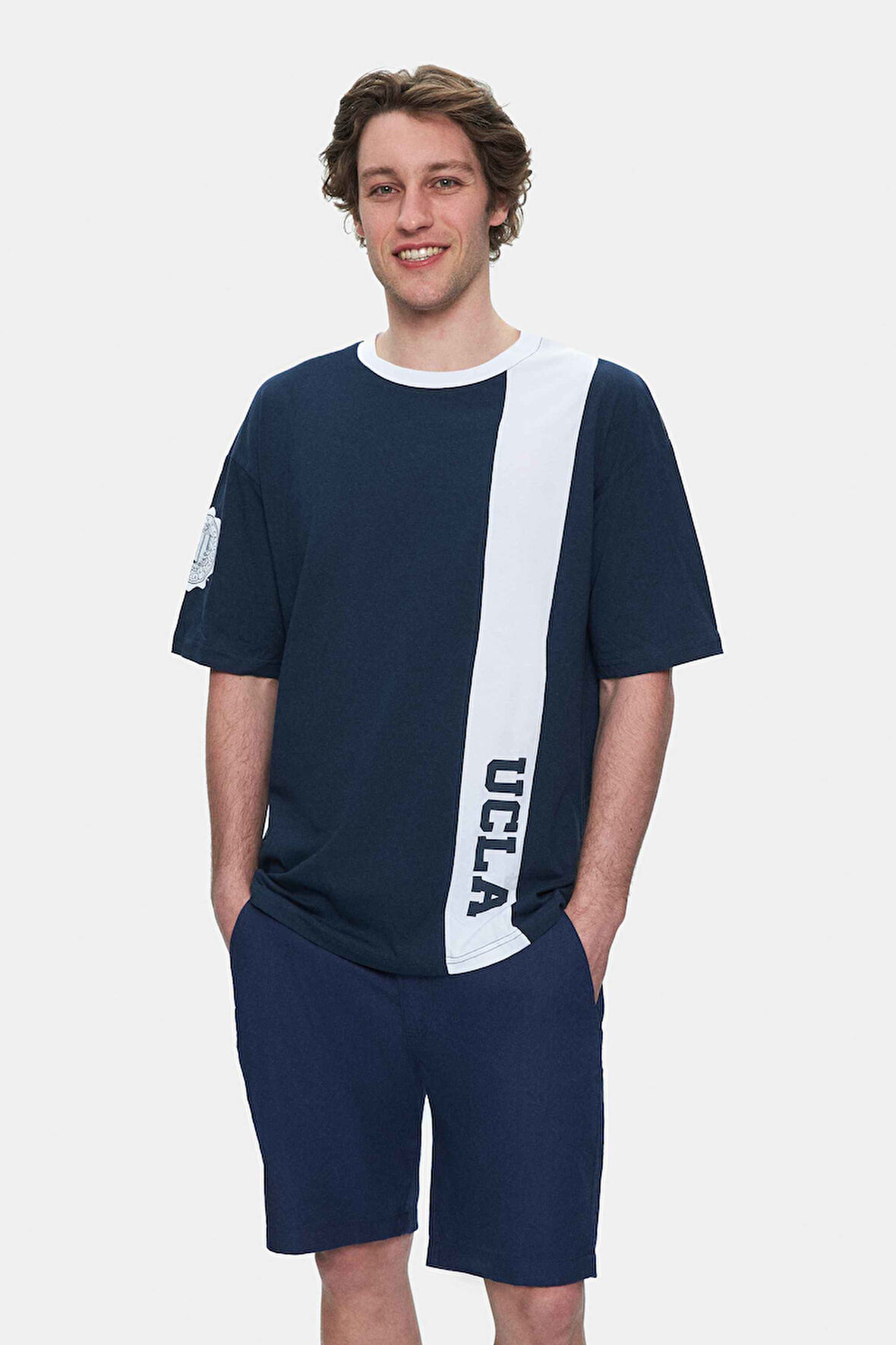 KEITH Lacivert Bisiklet Yaka Baskılı Oversize Erkek Tshirt