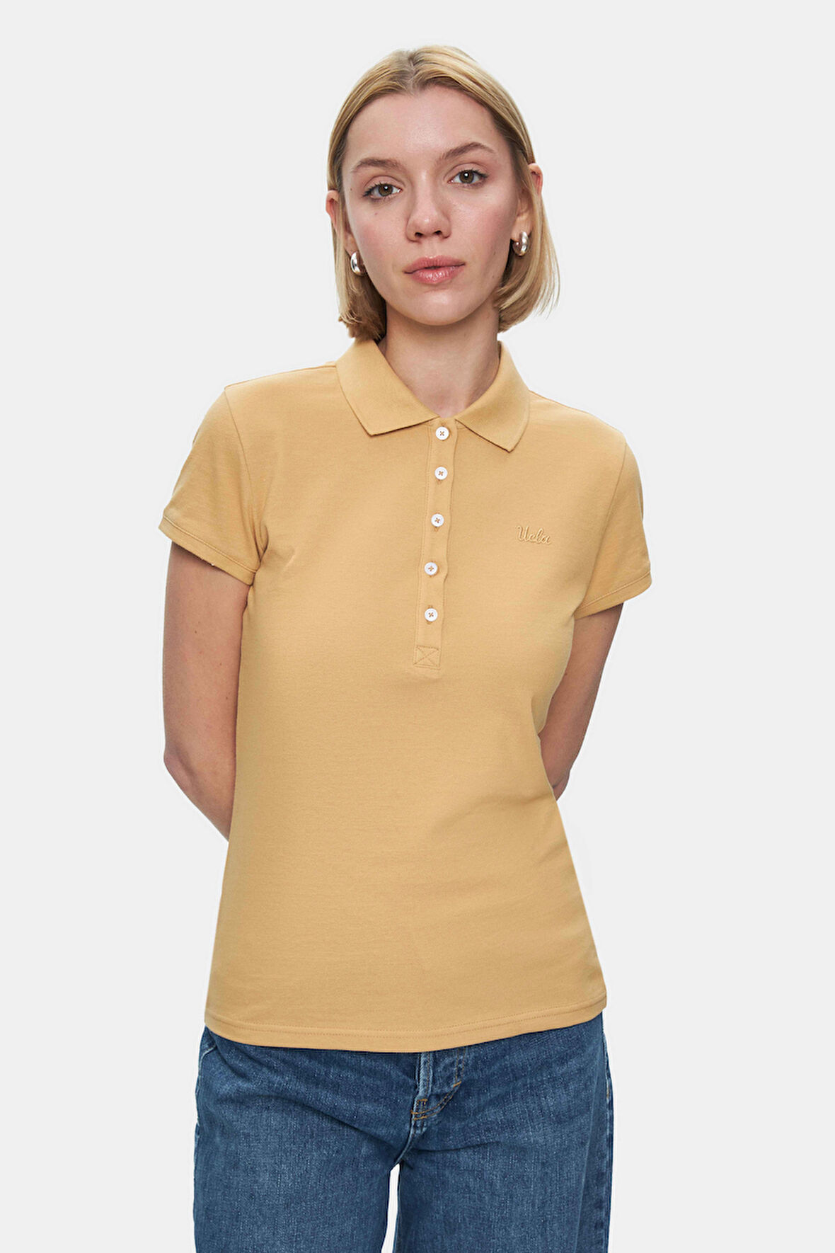 SHAVER Kahve Polo Yaka Nakışlı Standard Fit Kadın Tshirt