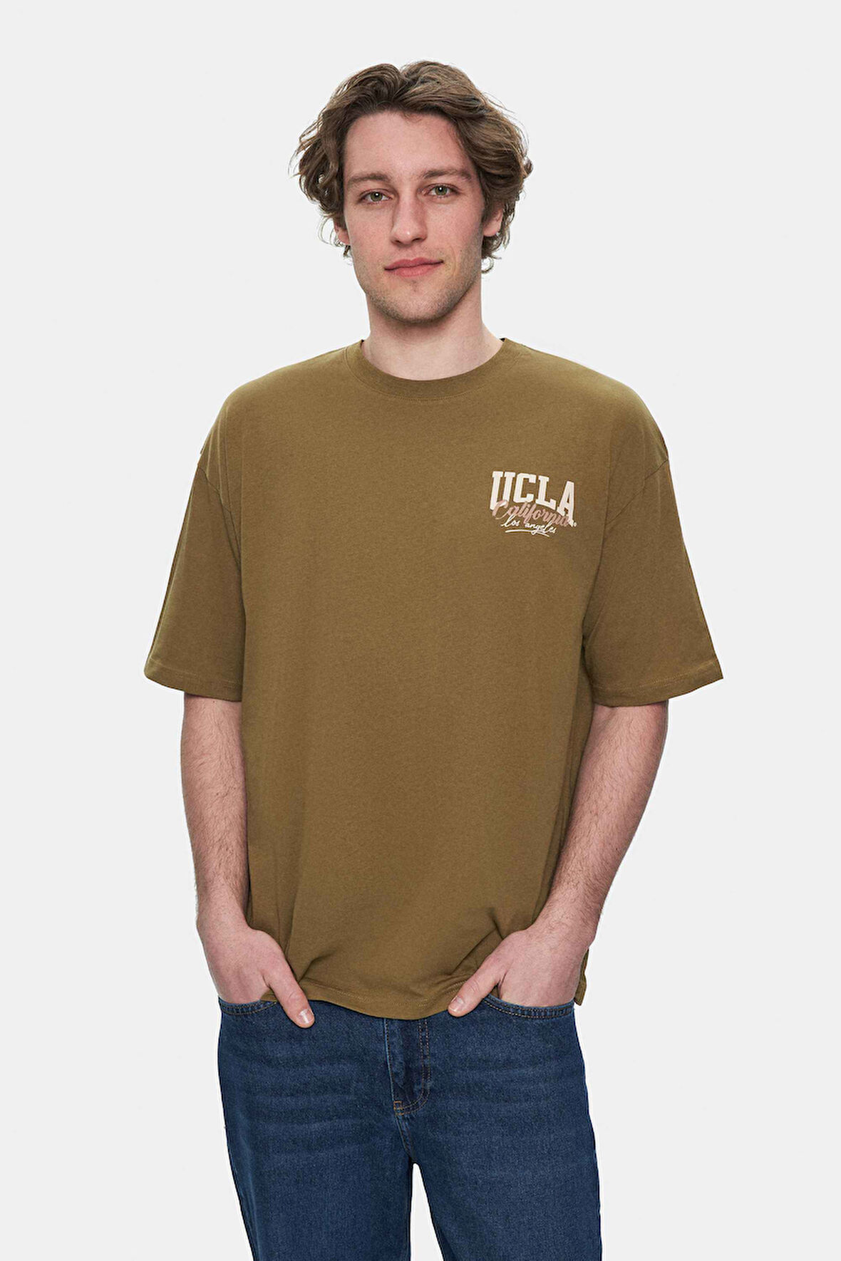 ASPEN Koyu Yeşil Bisiklet Yaka Baskılı Oversize Erkek Tshirt
