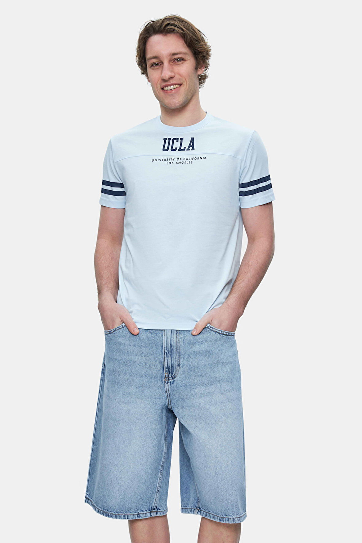 STARK Gök Mavi Kolu Şeritli Bisiklet Yaka Baskılı Standard Fit Erkek Tshirt