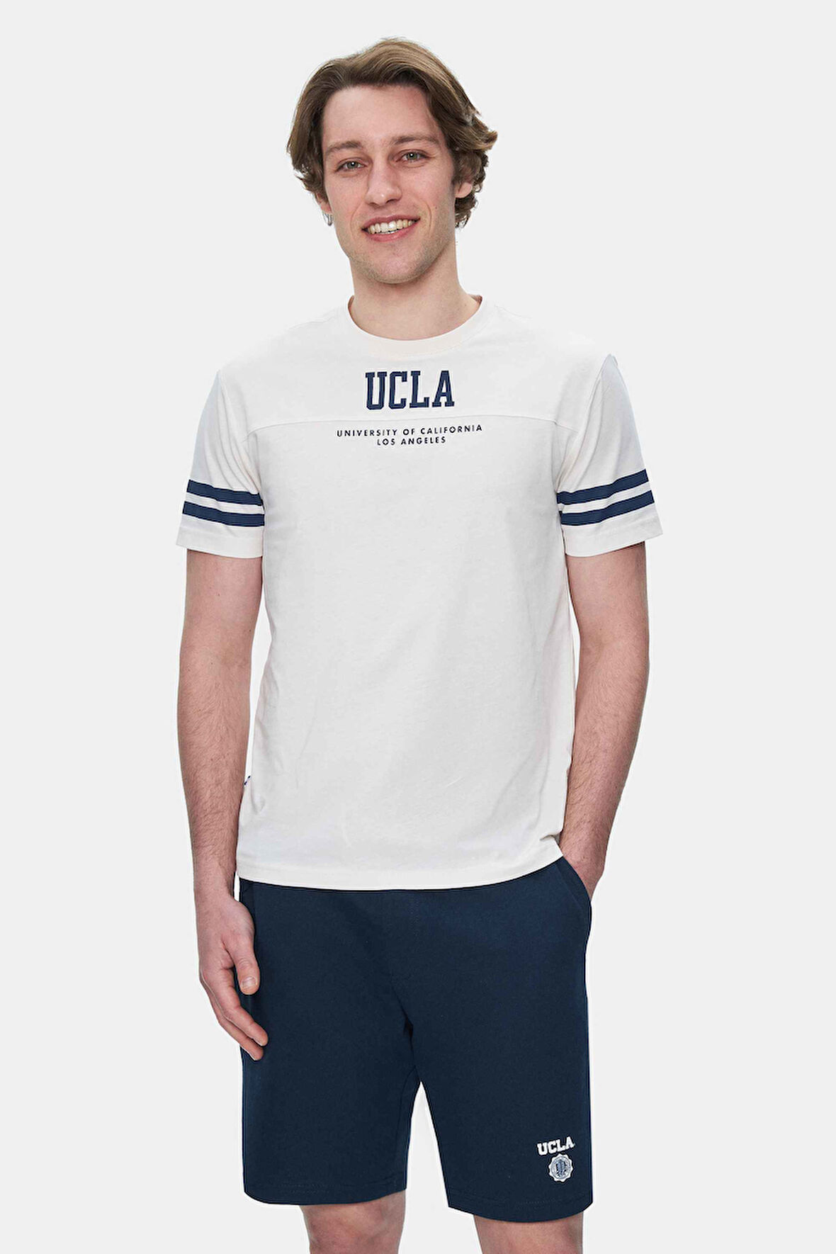 STARK Kemik Rengi Kolu Şeritli Bisiklet Yaka Baskılı Standard Fit Erkek Tshirt