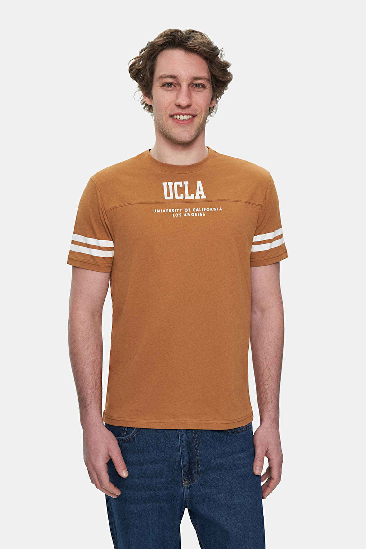 STARK Kahve Kolu Şeritli Bisiklet Yaka Baskılı Standard Fit Erkek Tshirt