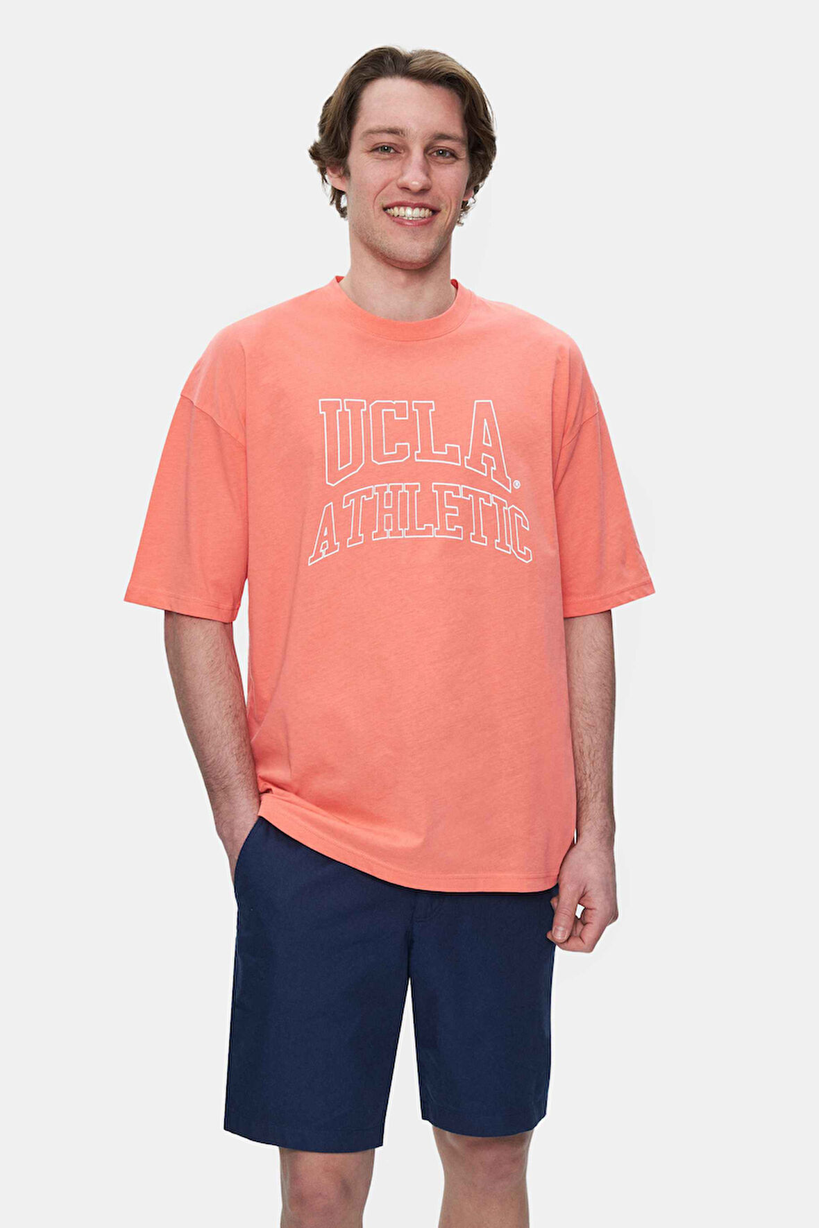 WEBSTER Sıcak Pembe Bisiklet Yaka Baskılı Oversize Erkek Tshirt