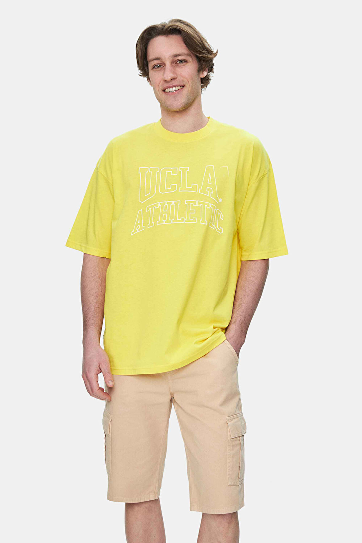 WEBSTER Açık Sarı Bisiklet Yaka Baskılı Oversize Erkek Tshirt