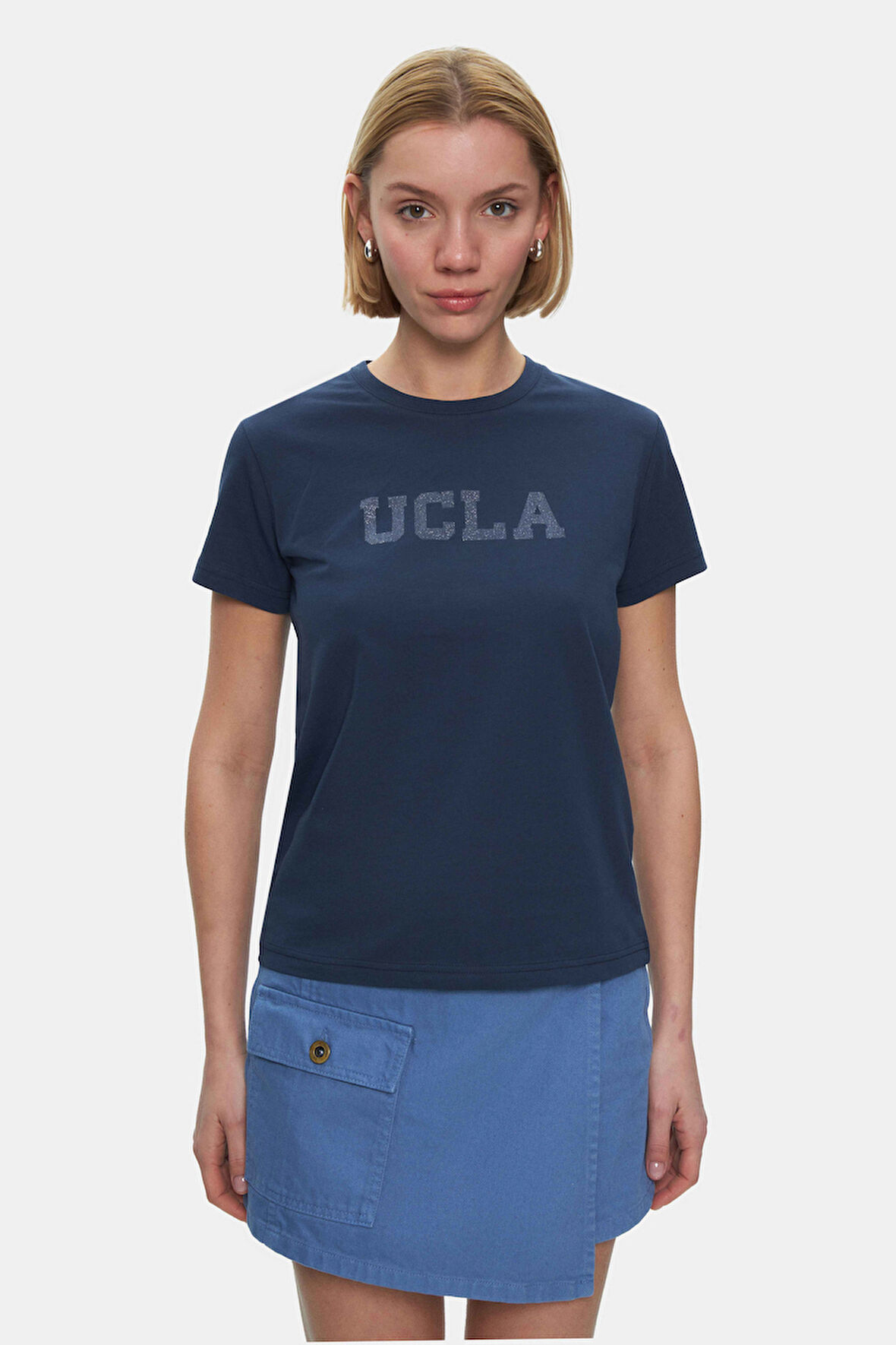 ISOLDE Lacivert Bisiklet Yaka  Baskılı Standard Fit Kadın Tshirt
