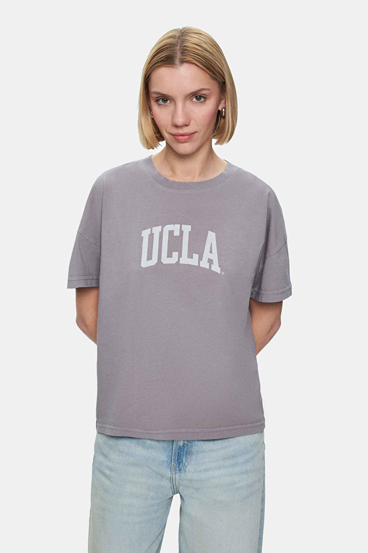 EVERLEE Koyu Gri Bisiklet Yaka Taş Yıkama Baskılı Loose Fit Kadın Tshirt