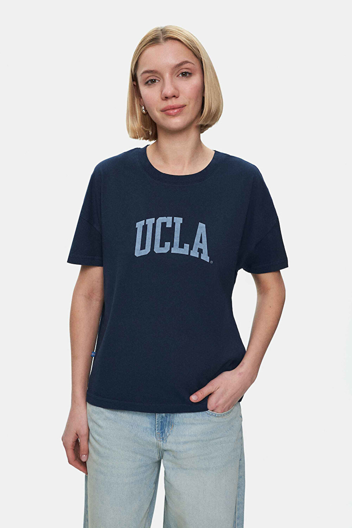 EVERLEE Lacivert Bisiklet Yaka Taş Yıkama Baskılı Loose Fit Kadın Tshirt