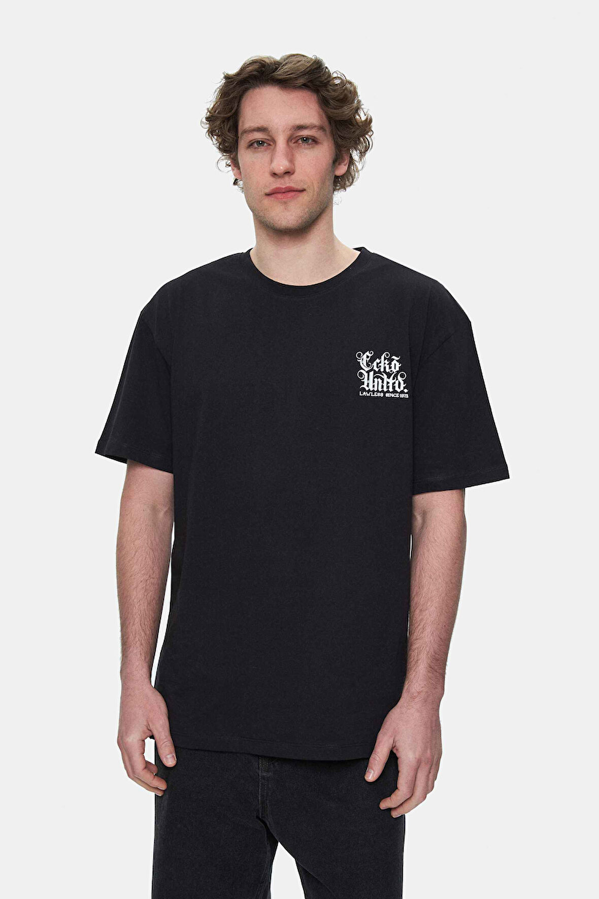 MUIRIS Siyah Bisiklet Yaka Baskılı Oversize Erkek Tshirt