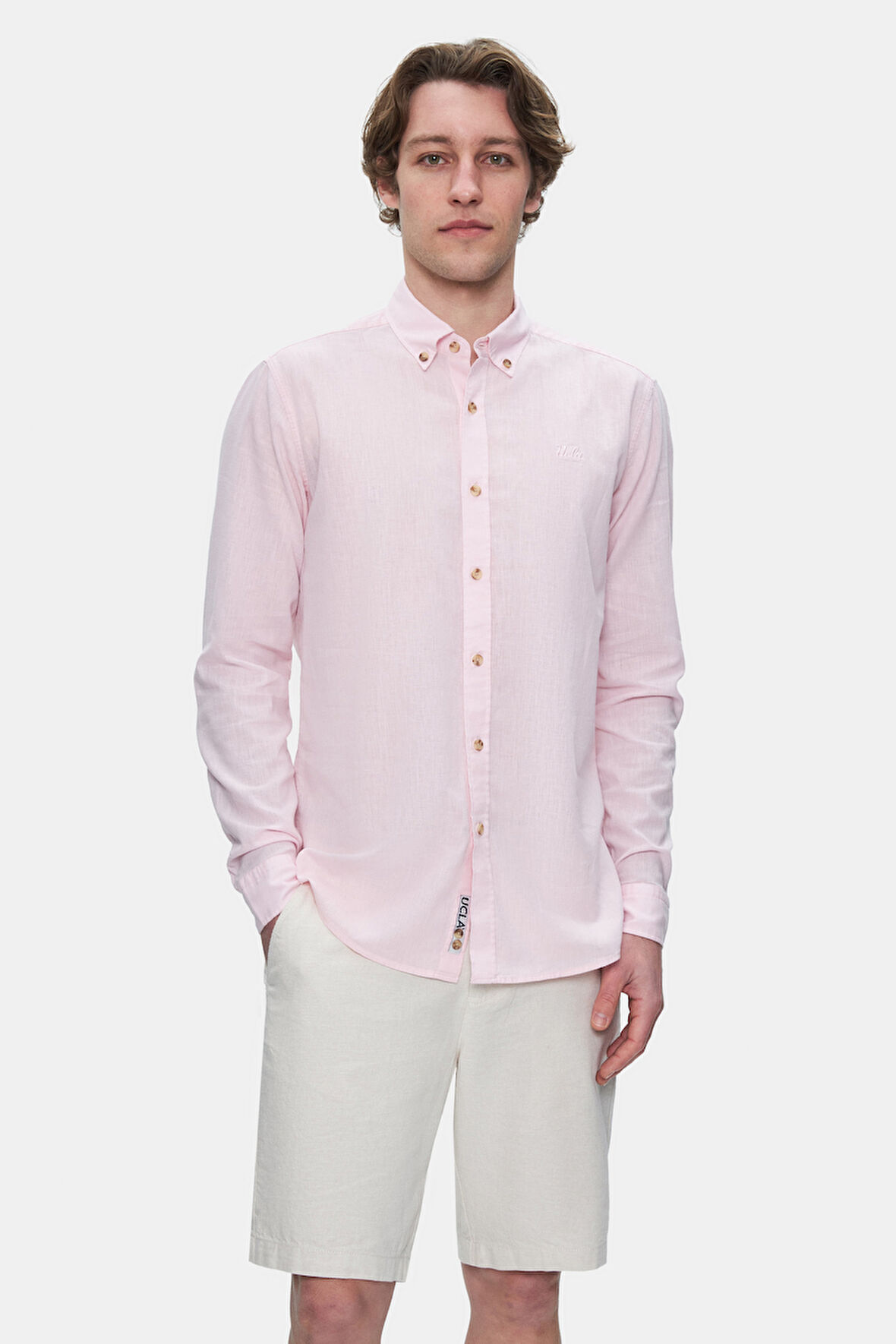 JACQUEZ Şeker Pembe Keten Nakışlı Standard Fit Erkek Gömlek