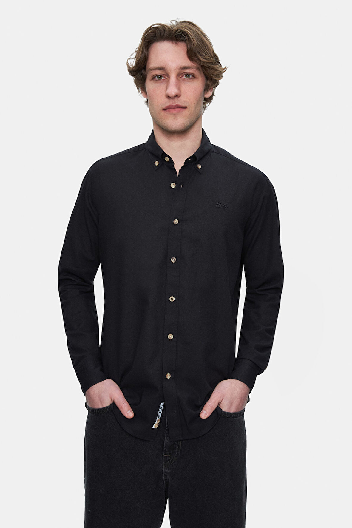 JACQUEZ Siyah Keten Nakışlı Standard Fit Erkek Gömlek