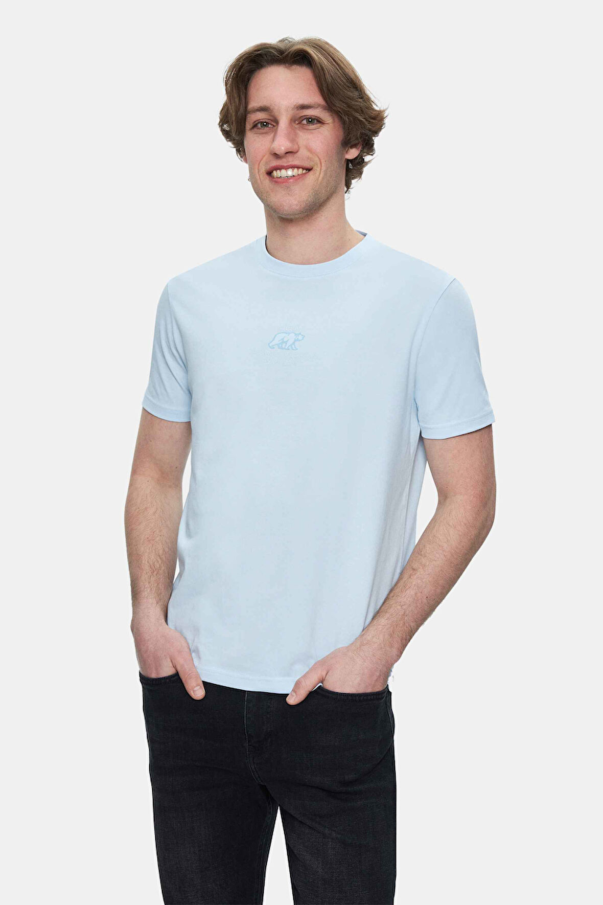 FABIO Gök Mavi Bisiklet Yaka Baskılı Standard Fit Erkek Tshirt