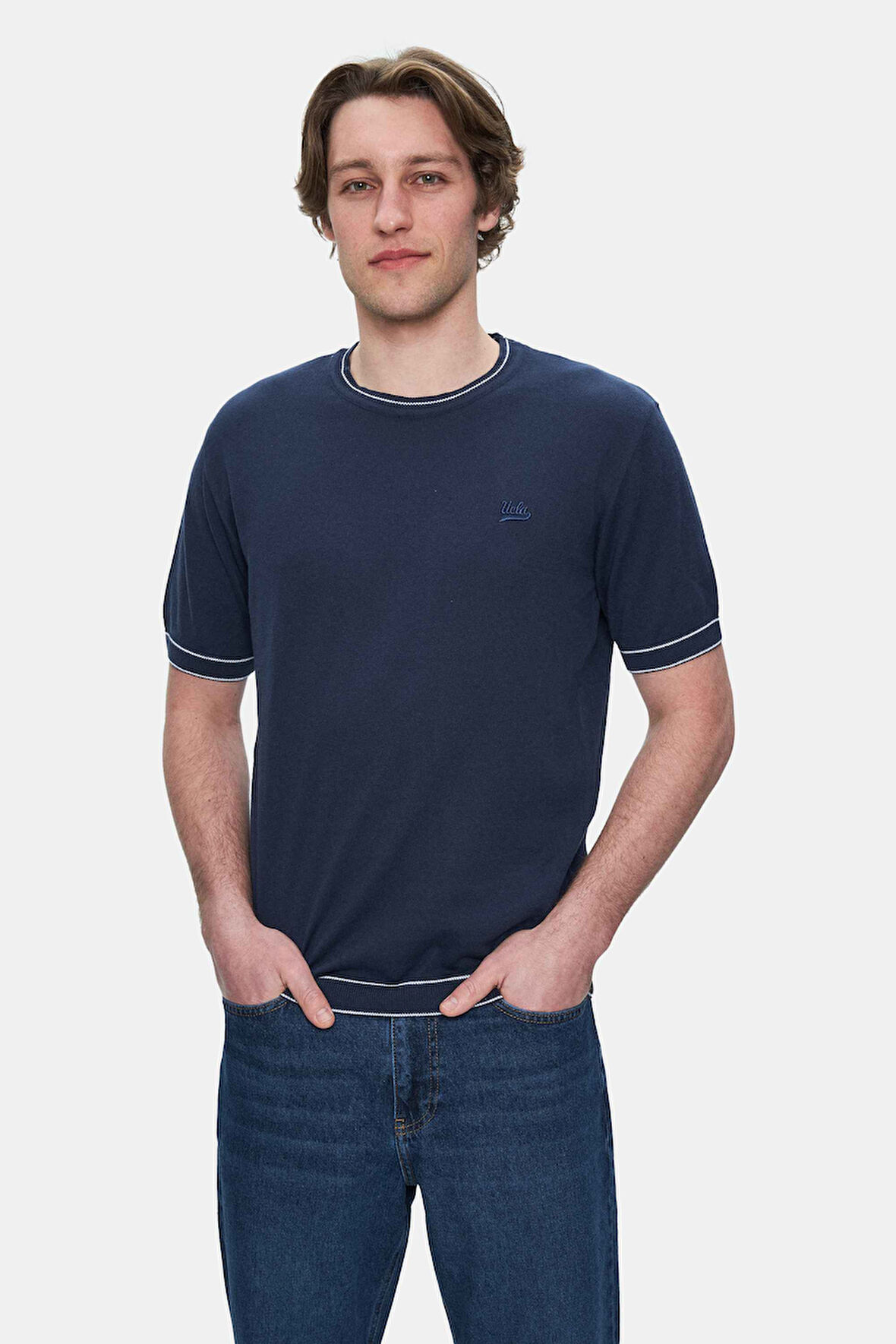 FARED Lacivert Bisiklet Yaka Triko Nakışlı Standard Fit Erkek Tshirt