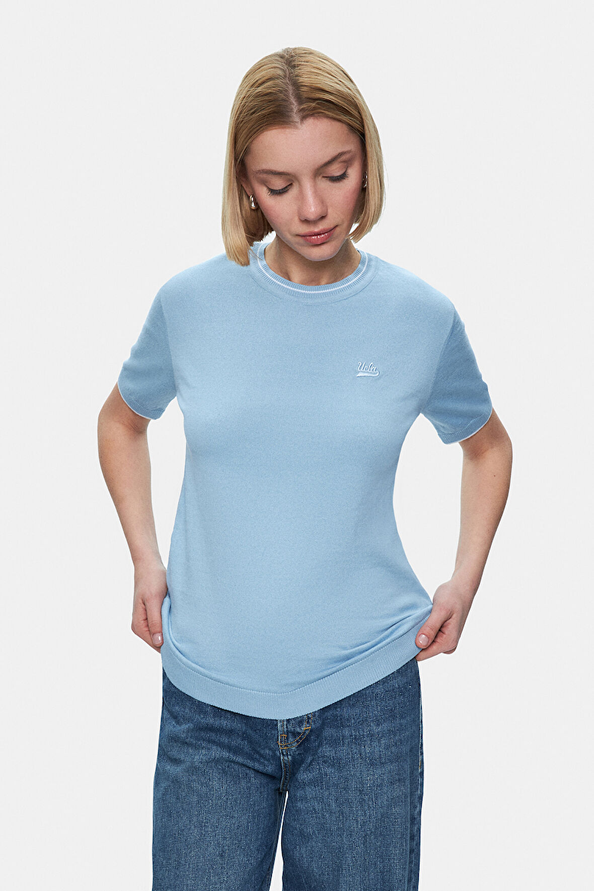 JENNY Mat Mavi Bisiklet Yaka Triko Nakışlı Standard Fit Kadın Tshirt