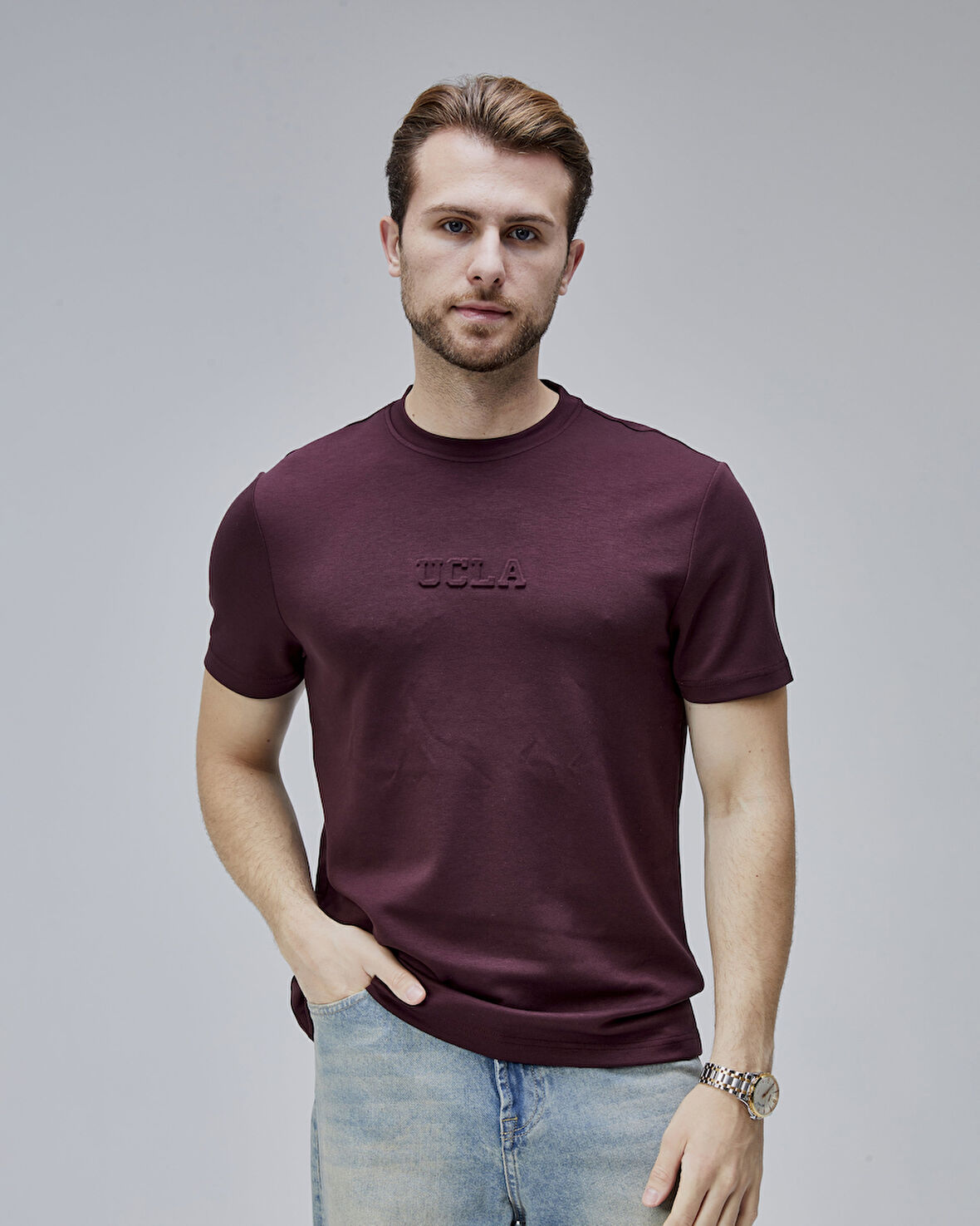 CANARY Bordo Bisiklet Yaka Gofre Baskılı Standard Fit Erkek Tshirt