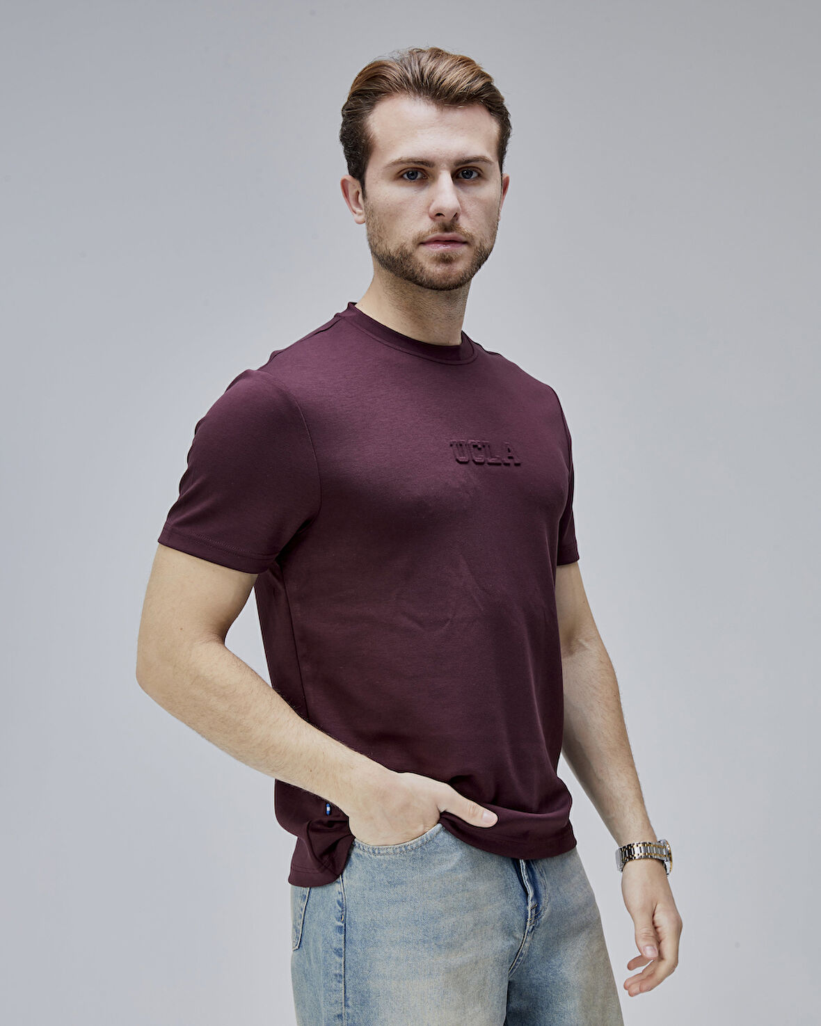 CANARY Bordo Bisiklet Yaka Gofre Baskılı Standard Fit Erkek Tshirt