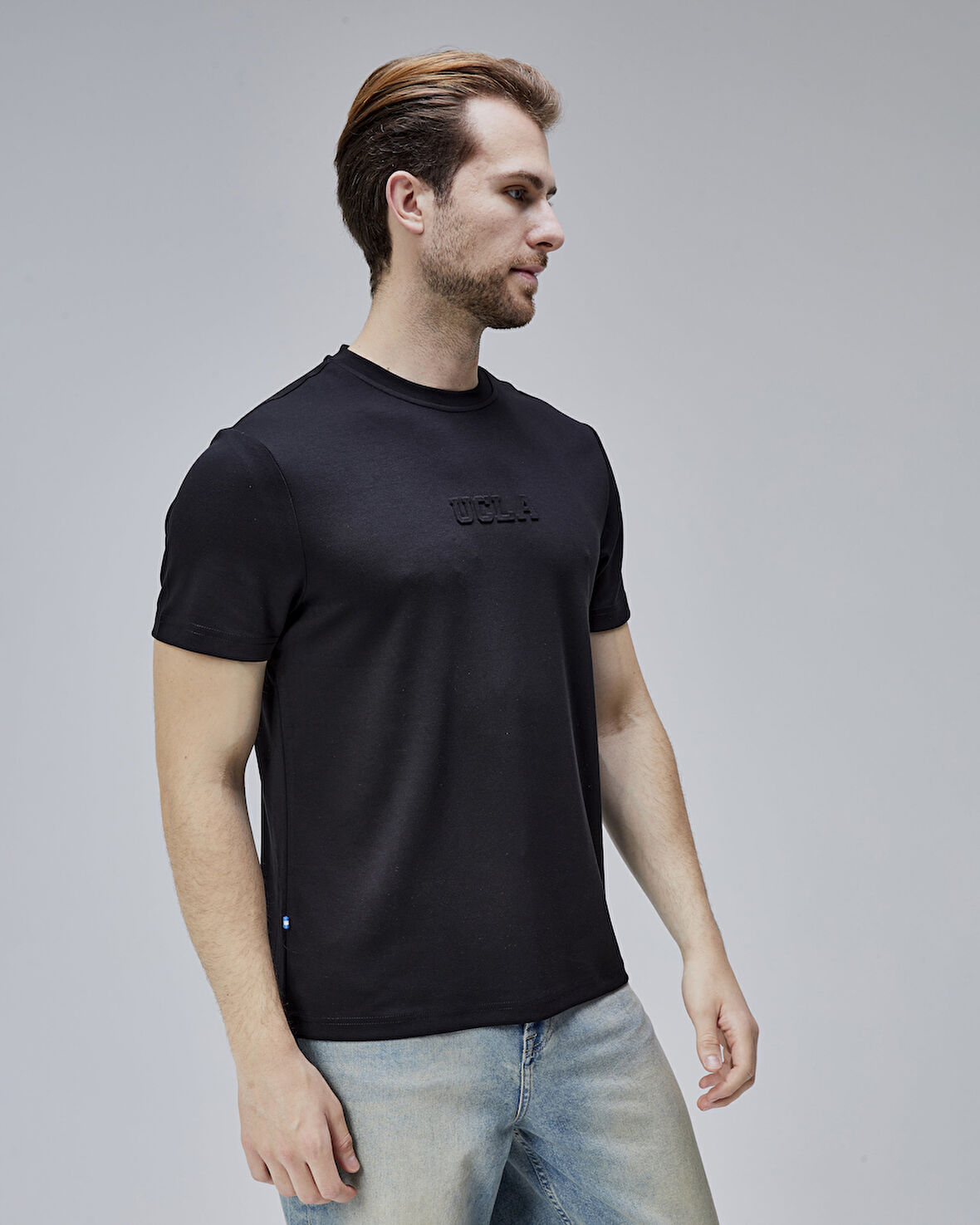 CANARY Siyah Bisiklet Yaka Gofre Baskılı Standard Fit Erkek Tshirt